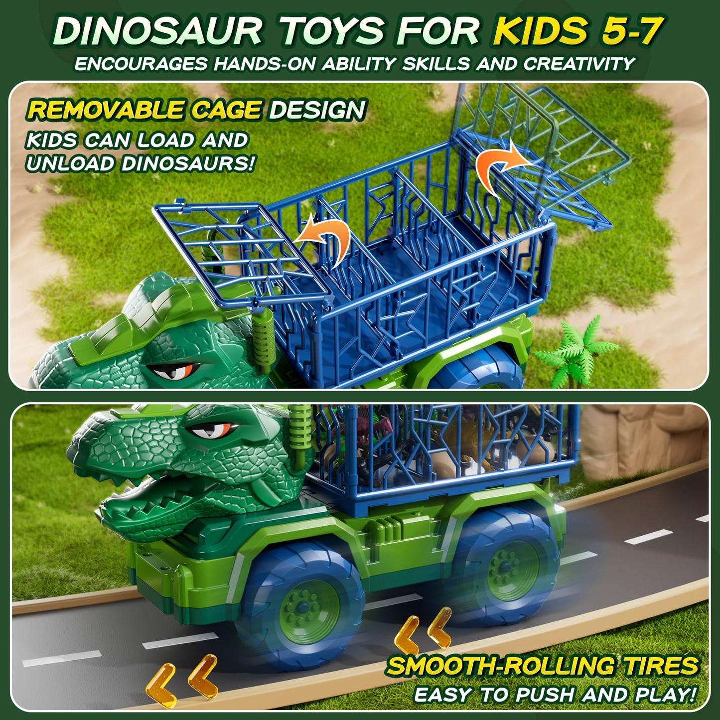 DULONIME Dinosaur Cars Truck Toys for Kids 3-5 with 8 Dinosaur Figures, Activity Play Mat, Jurassic Play Set for Boys and Girls Ages 5-7