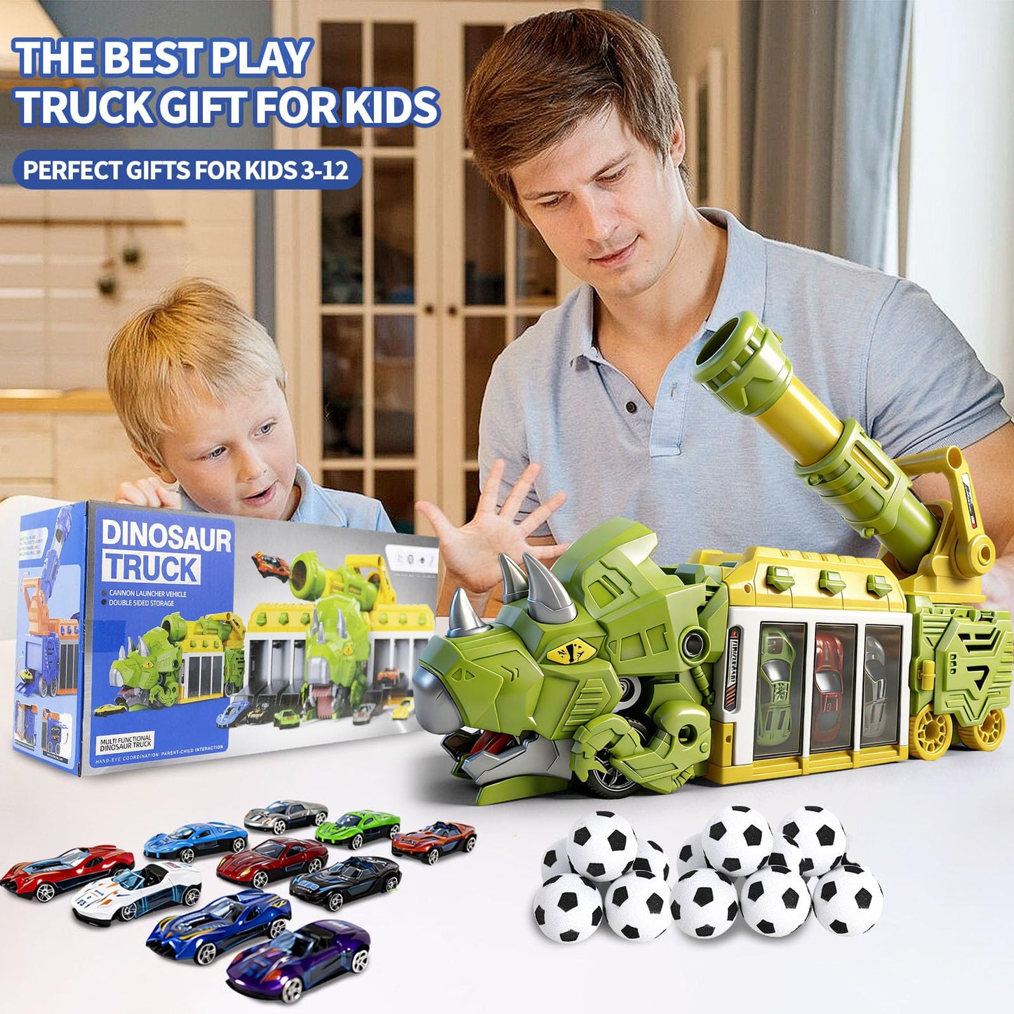BYFWH Dinosaur Truck Toy Cars for Kids 3-8, Foldable Triceratops Car Toys with Storage Bay, Eejection & Shooting Dino Trucks Boy Toy with 12 Foam Ball, 10 Mini Cars, Best Gift for Kid 3 4 5 6 7 8 9