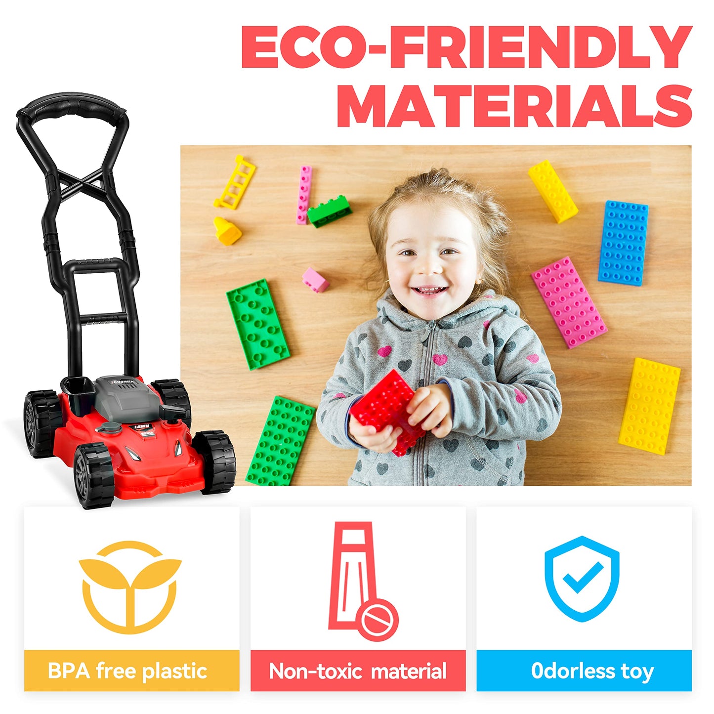 Kids Lawn Mower - Toy Choi's Pretend Play Series Toddler Lawn Mower, Indoor Outdoor Push Gardening Summer Toy Tool Set for Boys & Girls 3,4,5,6,7,8
