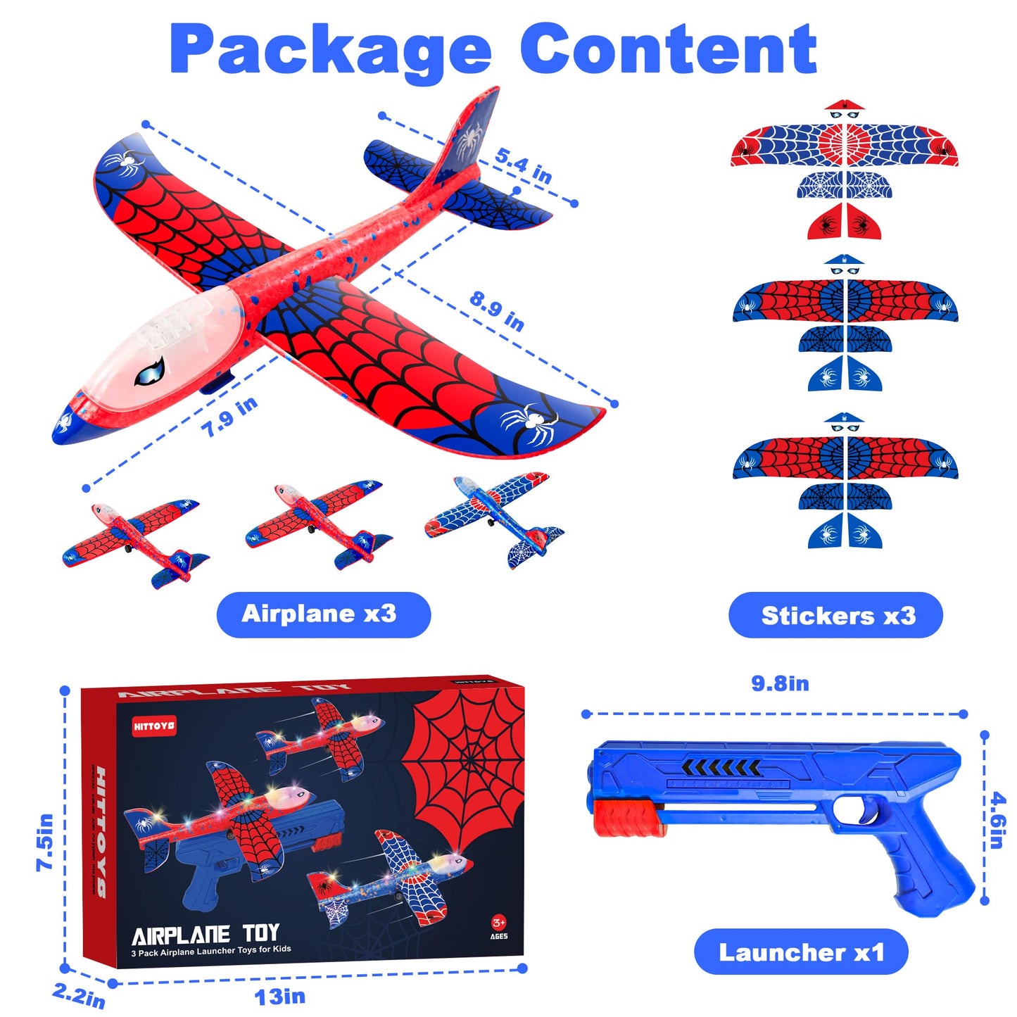 HitToys Airplane Launcher Toy & Spider Hover Soccer Ball Set for Kids | 3 Pack Spider Foam Gliders Air Planes, 2-in-1 Rechargeable Toddler Air Floating Football Toy Ball with Led for Boys Birthday