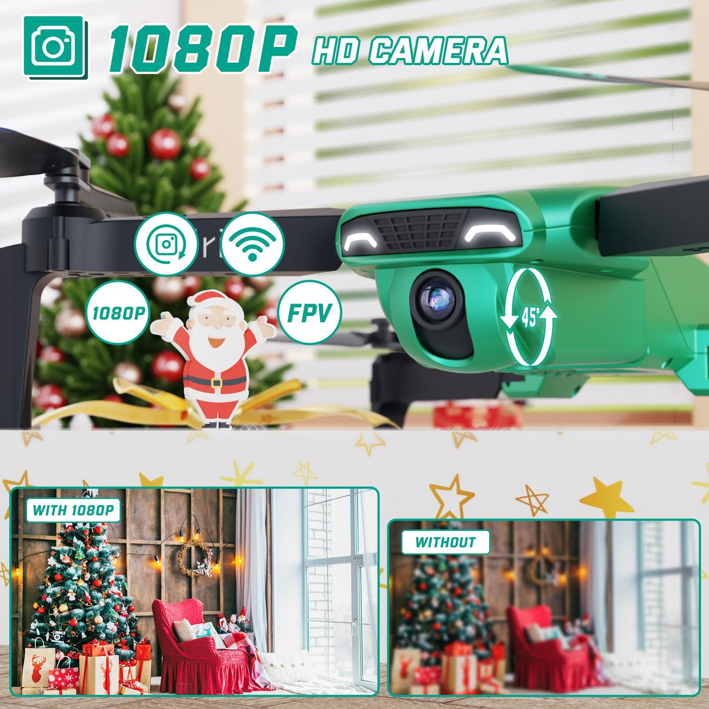 Foldable Drones for Kids Beginners - With 1080P HD Camera, FPV Remote Control Quadcopter, One Key Start/Land, Altitude Hold, 2 Batteries RC Helicopter Toys Gifts for Boys (Green)