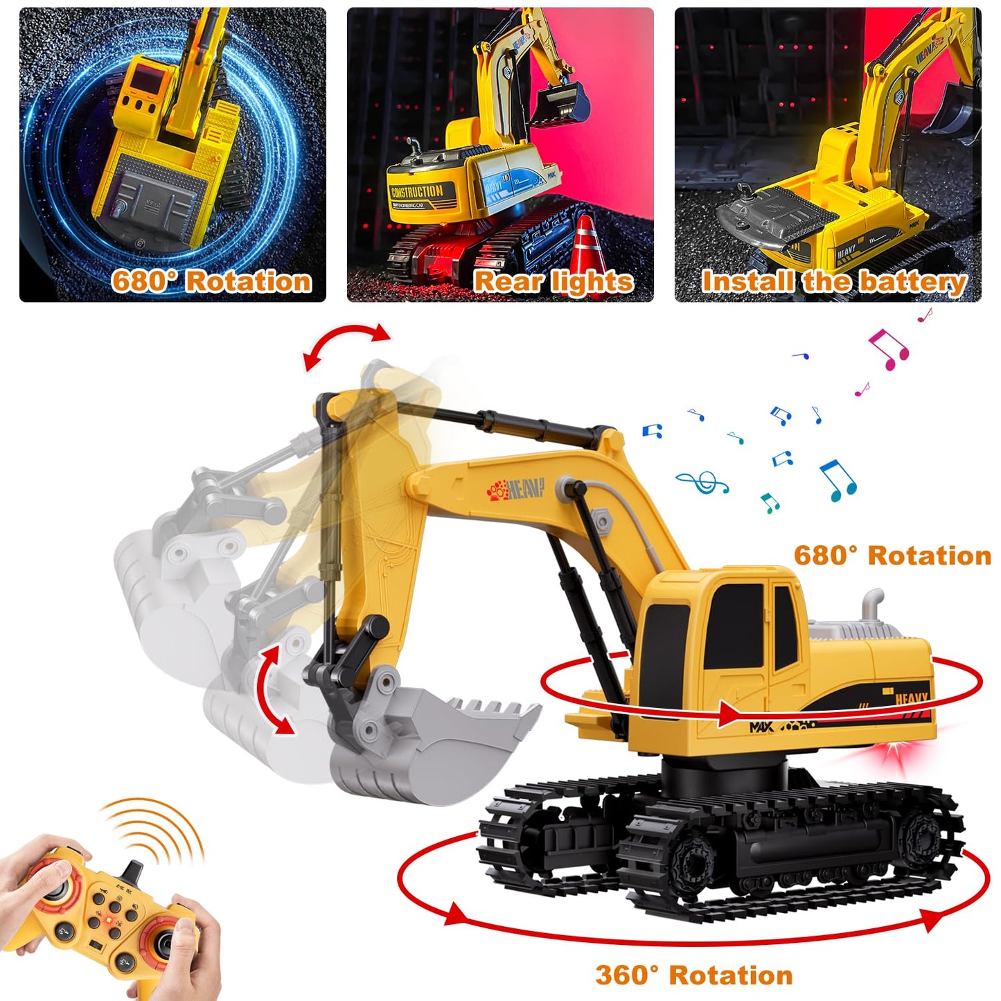 QuirkyGlee RC Excavator and Dump Truck Toy Set for Kids - 11 Channel Remote Control Construction Vehicle with Lights and Sounds, Music, 2.4Ghz Rechargable Digger Car, Gifts for Boys Kids Ages 6-8