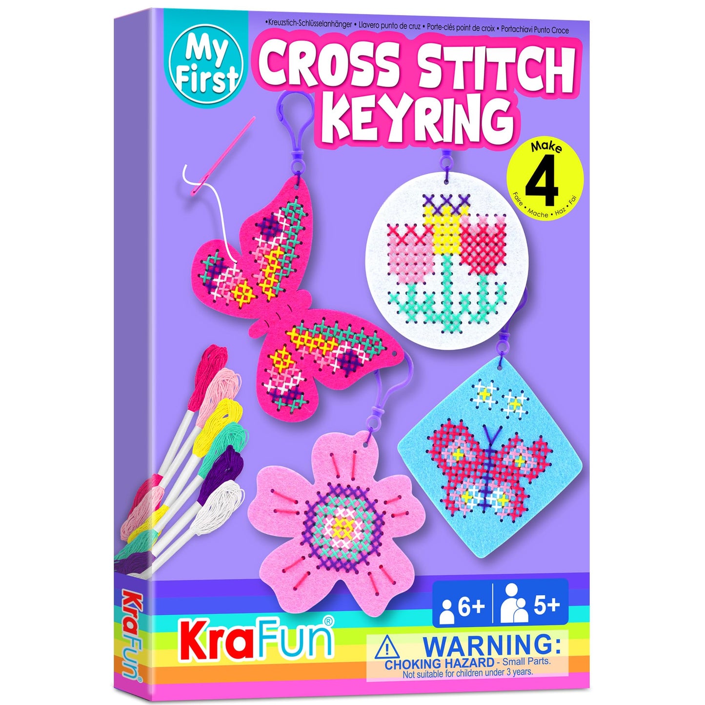 KRAFUN My First Cross Stitch Kit for Kids Age 5+, 4 Butterfly Flower Keyring Embroidery Projects, Arts & Crafts Gift for Girls, DIY Felt Backpack Charm Ornament with Butterfly Daisy Rose