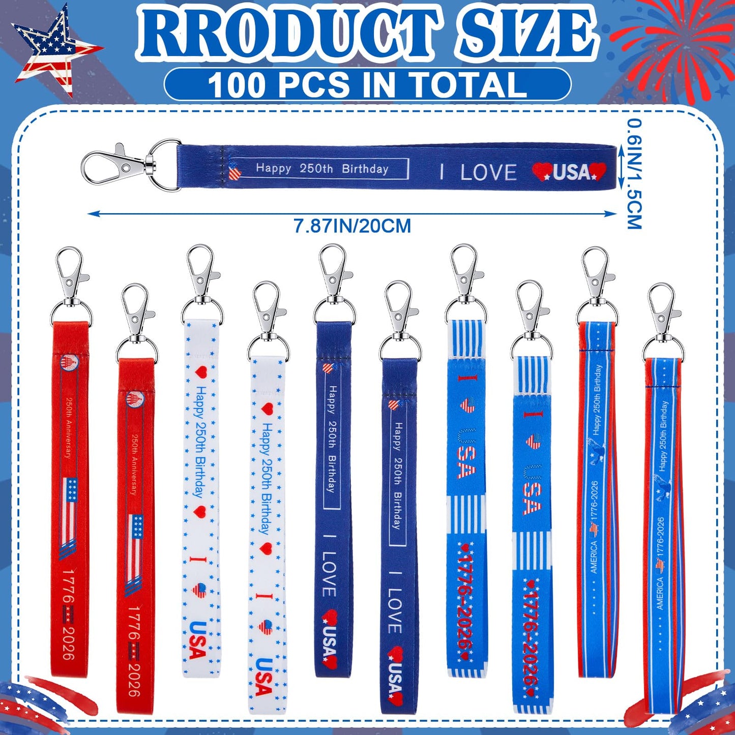 Equsion 100 Pcs 250th Anniversary Keychains Gifts 4th of July Accessories Patriotic Party Favors Bulk American USA Flag Key Chains for Independence Day Party Accessories Star Stripe Souvenir