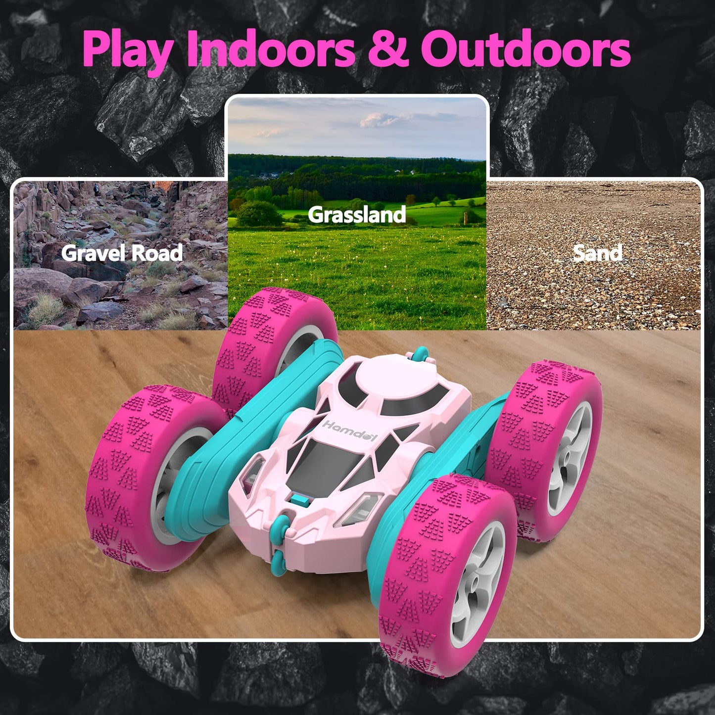Hamdol Pink Remote Control Car for Girls, 360° Flipping Stunt Car with LED Headlights, Rechargeable 4WD Electric Toy Vehicle, Princess Gift for 6 7 8 9 10 11 Year Old Girls, Birthday & Christmas Toy