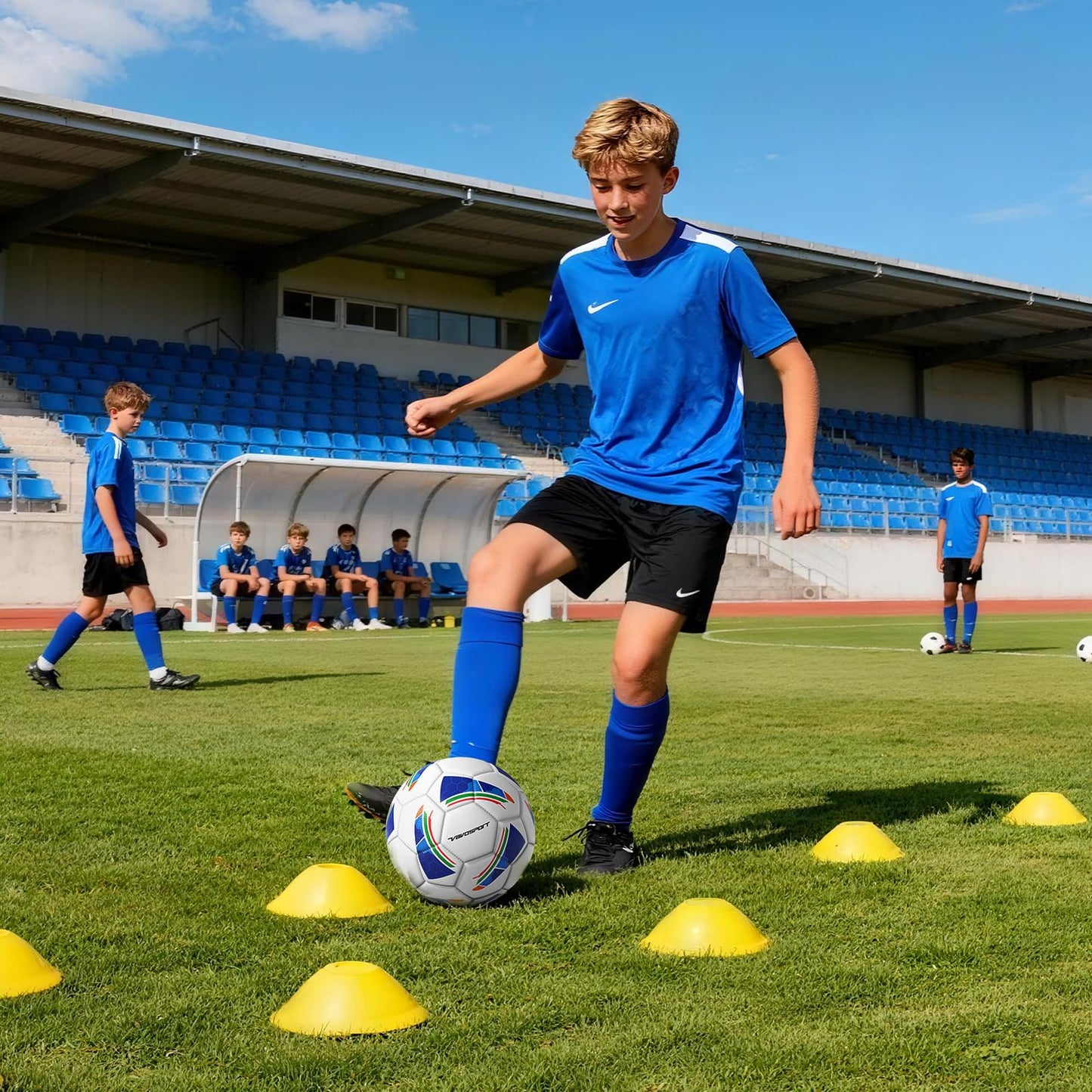 VAVOSPORT Soccer Ball Set – Official Size 3, 4, 5 Soccer Balls with Pump & 6 Cones, Waterproof TPU Leather Soccer Training Equipment for Kids, Youth & Adults, Gifts for Sports Play and Outdoor Games