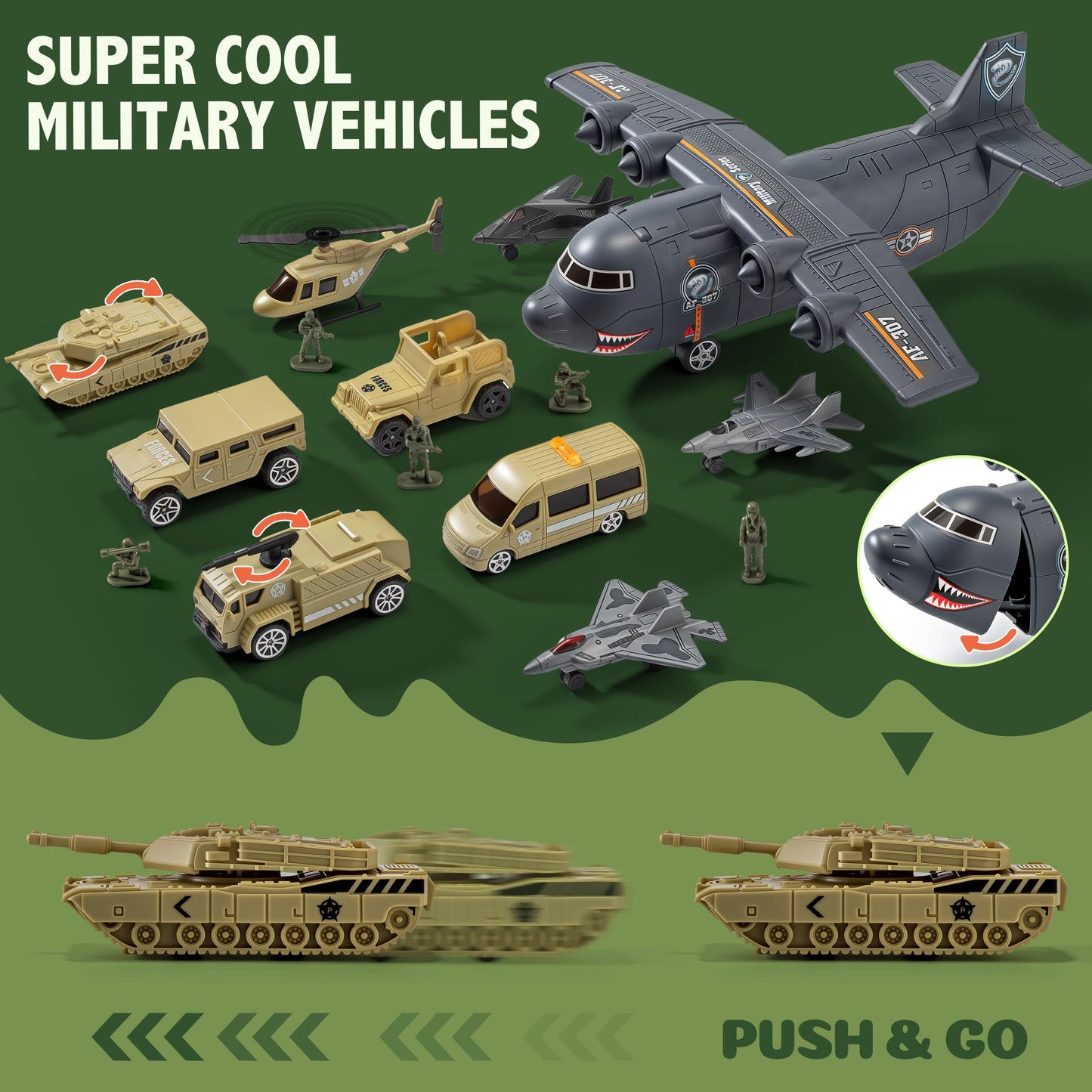 Military Base Toy Race Track Set with Airplane, Tanks, Cars, Helicopters, Fighter Jets, Army Men Action Figures and Play Mat, Army Vehicle Toys for Kids, Ideal Gift for Boys Girls