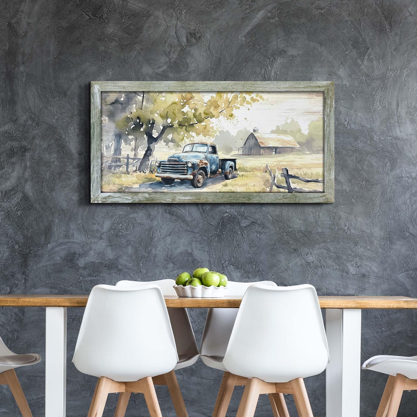 Framed Rustic Barn Wall Art: Large Farm Wooden Country Farmhouse Truck Painting Picture Old Car Countryside Field Landscape Print Artwork for Living Room Bedroom Home Office Decor 48" x 24"