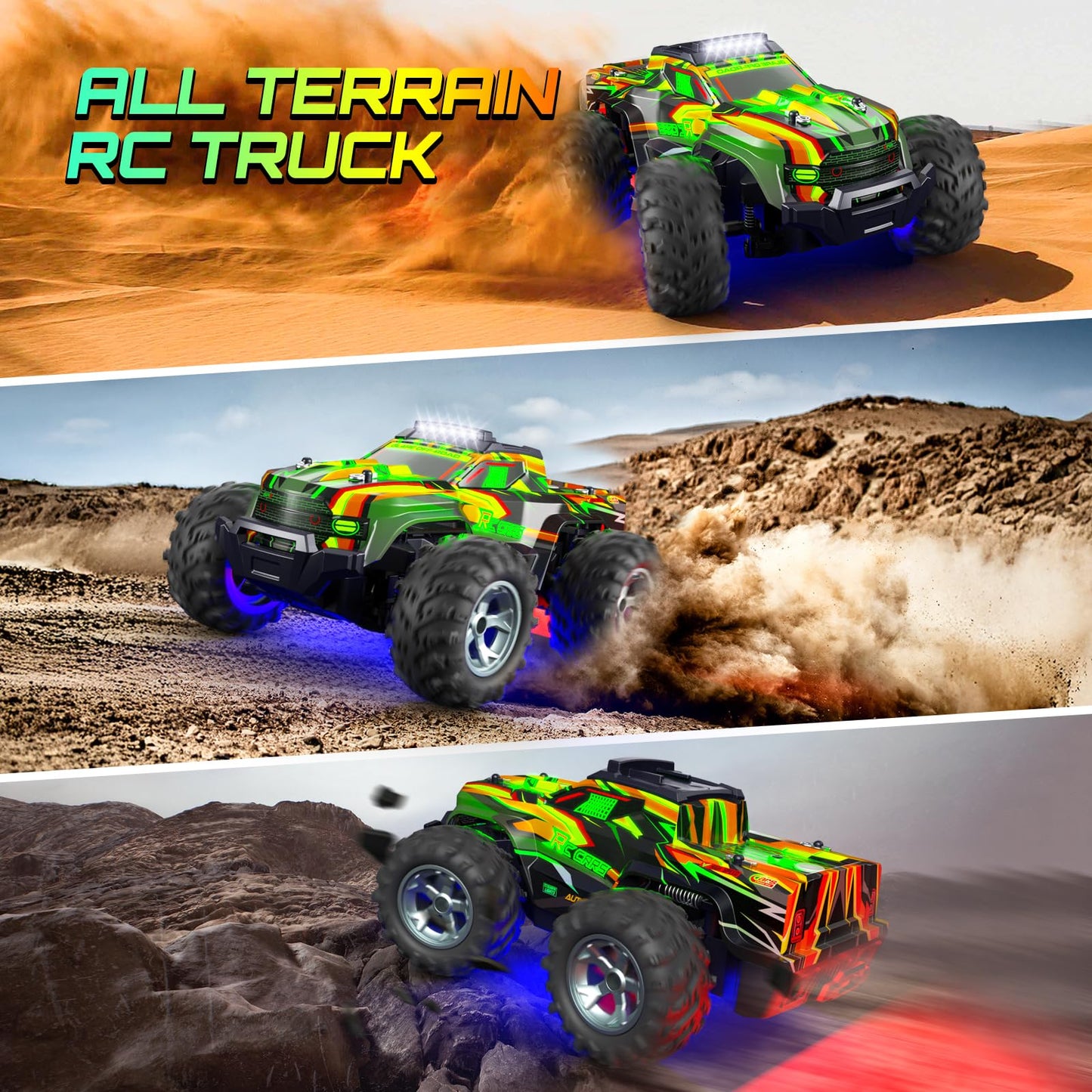 Remote Control Car for boys, 1:16 Scale All Terrain RC Cars,High Speed 25Km/h Fast Car with Colorful Led Light and spray, 2x1300mAh Rechargeable Battery RC Truck, Toy Car Gift for Teen Boys Girl Kids