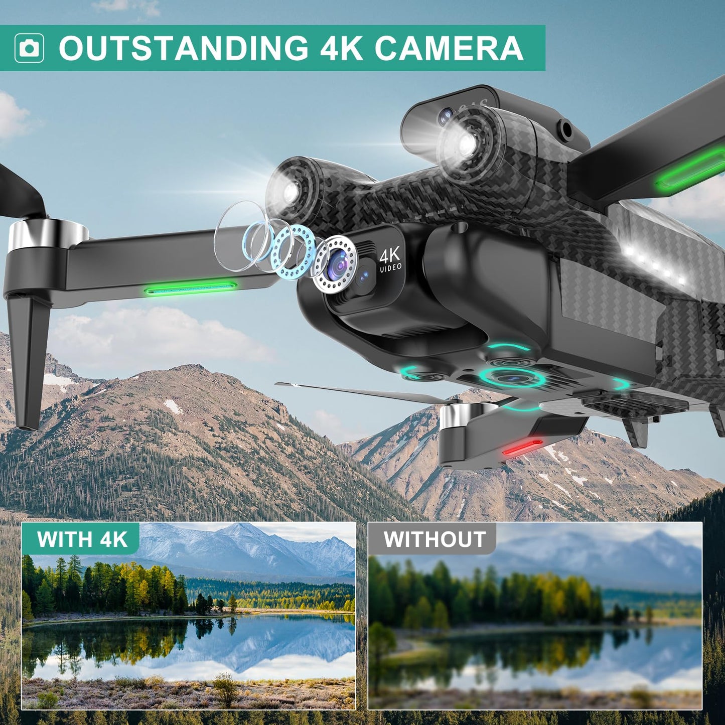 4K Drones with Camera for Kids, Drones for Adults withEmergency Stop, Headless Mode, 360° Flips, CarryingCase & 2 Batteries,Wireless RC Toys for Boys Girls(Charcoal black)