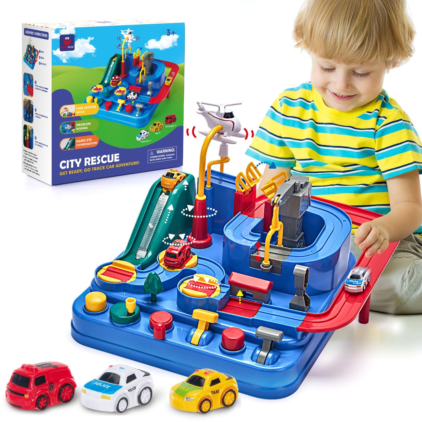 Hahaland 3 Year Old Boy Toys - Race Track Toys, Car Toy for Boys 3-4, Puzzle Track Rescue Racer Game with Magnetic Helicopter, STEM Learning, Montessori, Toddler