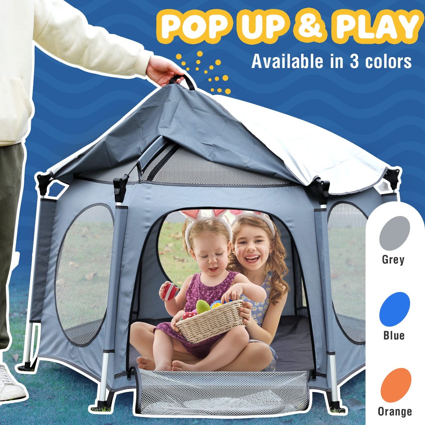 PRObebi Portable Pop Up Playpen for Babies and Toddlers - Grey Lightweight Outdoor Play Yard with Three Sun-Shade - Beach and Indoor Use with Travel Bag
