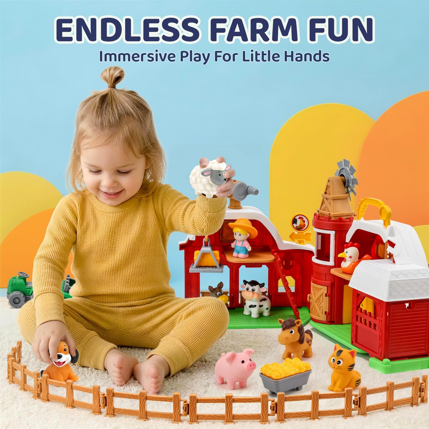 Toddler Farm Toys for 2 3 Year Old-All-in-One Barn Toy Set with Farm Animal Figures for Toddlers,Tractor&Fence,Educational Montessori-style Play Sets with Light&Sounds,Pretend Play Gift for Boys Girls