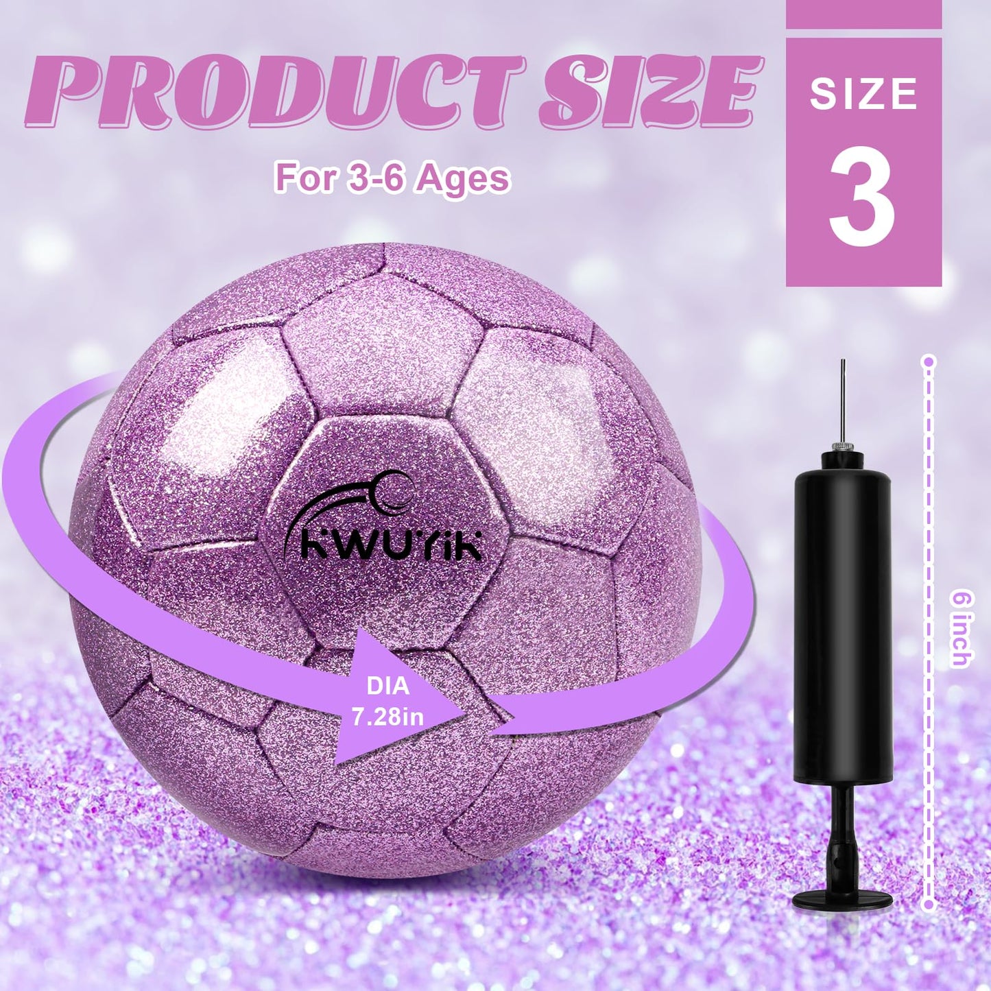 Size 3 4 5 Glitter Pink Gold Purple Soccer Ball Set with Pump Toddler Soccer Ball for Kids Aged 3-6 6-8 8-12 Outdoor Training Ball Youth Practice for Teens Children Boys Girls (Glitter Purple, 3)