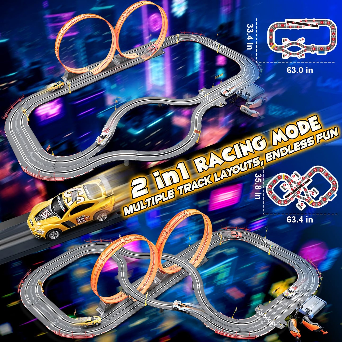 Slot Car Race Track Sets,2 in 1 Race Car Track with 4 High-Speed Slot Cars，Gift Toy for Boys Kids Ages 5 6 7 8-12,Dual Power (Source) Cars Track,Dual Racing Game Lap Counter Circular Overpass Track
