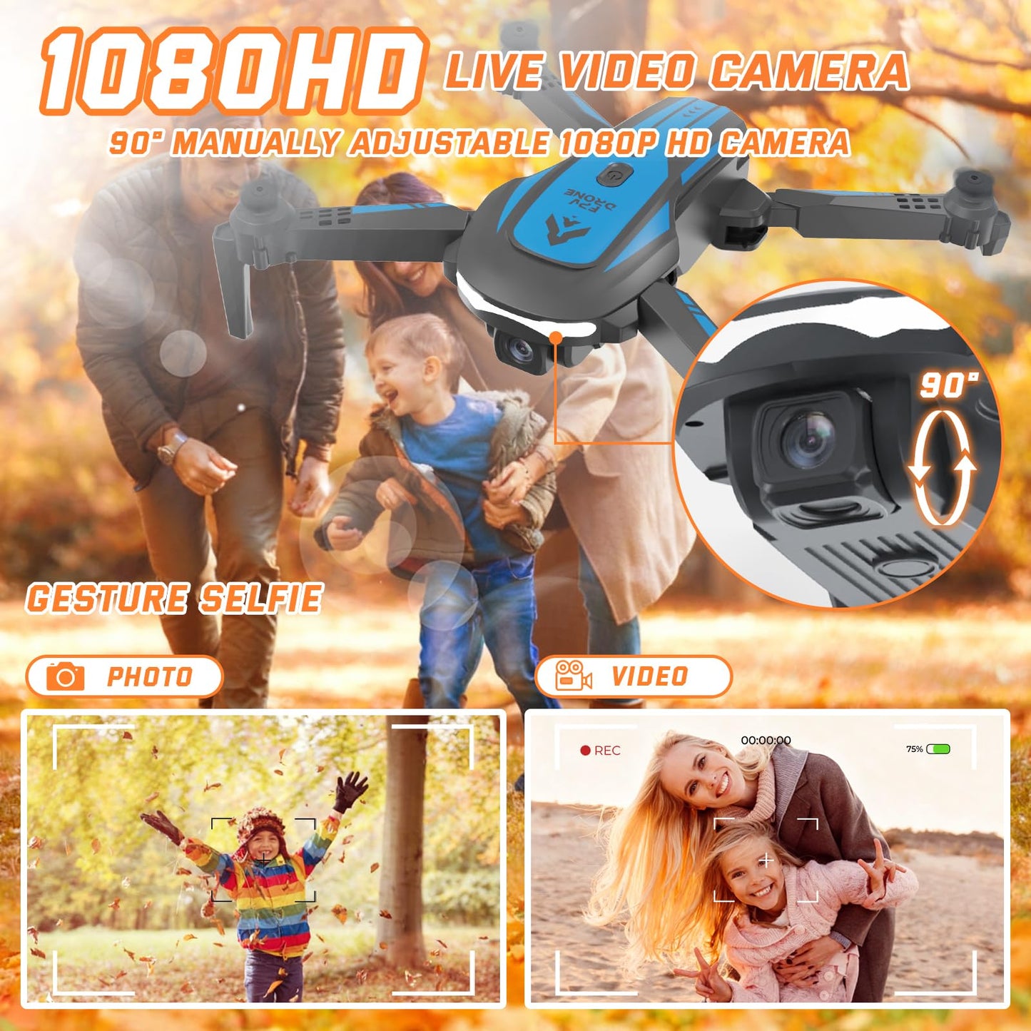Drone with Camera for Kids Adults, Mini Foldable FPV Drones Remote Control Helicopter, RC Quadcopter with 1080P Live Video Camera, Gestures Selfie, One Key Start,2 Batteries, Toys/Gifts for Boys Girls
