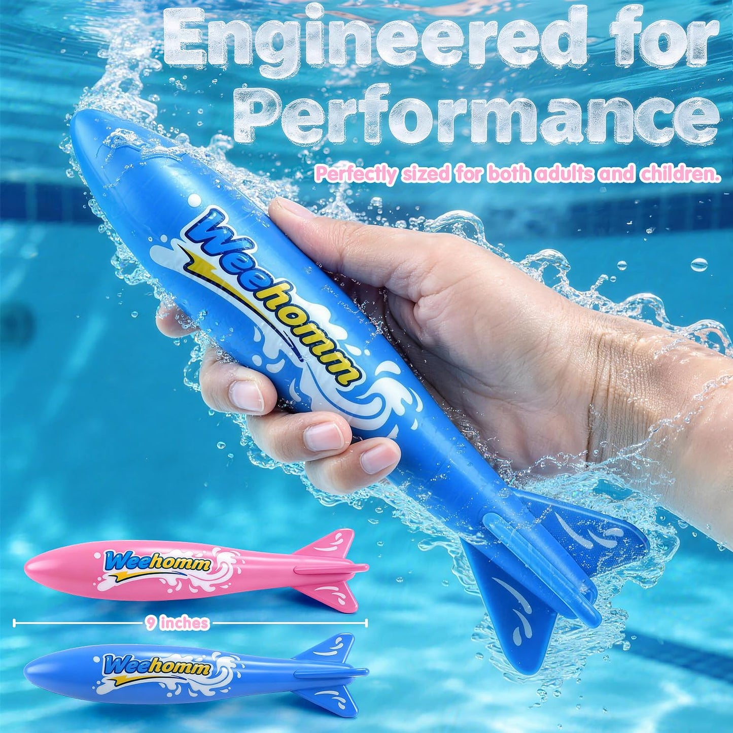 WeeHomm 9'' Toy Torpedo for Pools Diving Toys, Kids Diving Torpedo - 2 Pack Swimming Pool Toys for Boys & Girls, Sinking Water Rocket Set for Pool Games, Bath Time, Summer Outdoor Fun