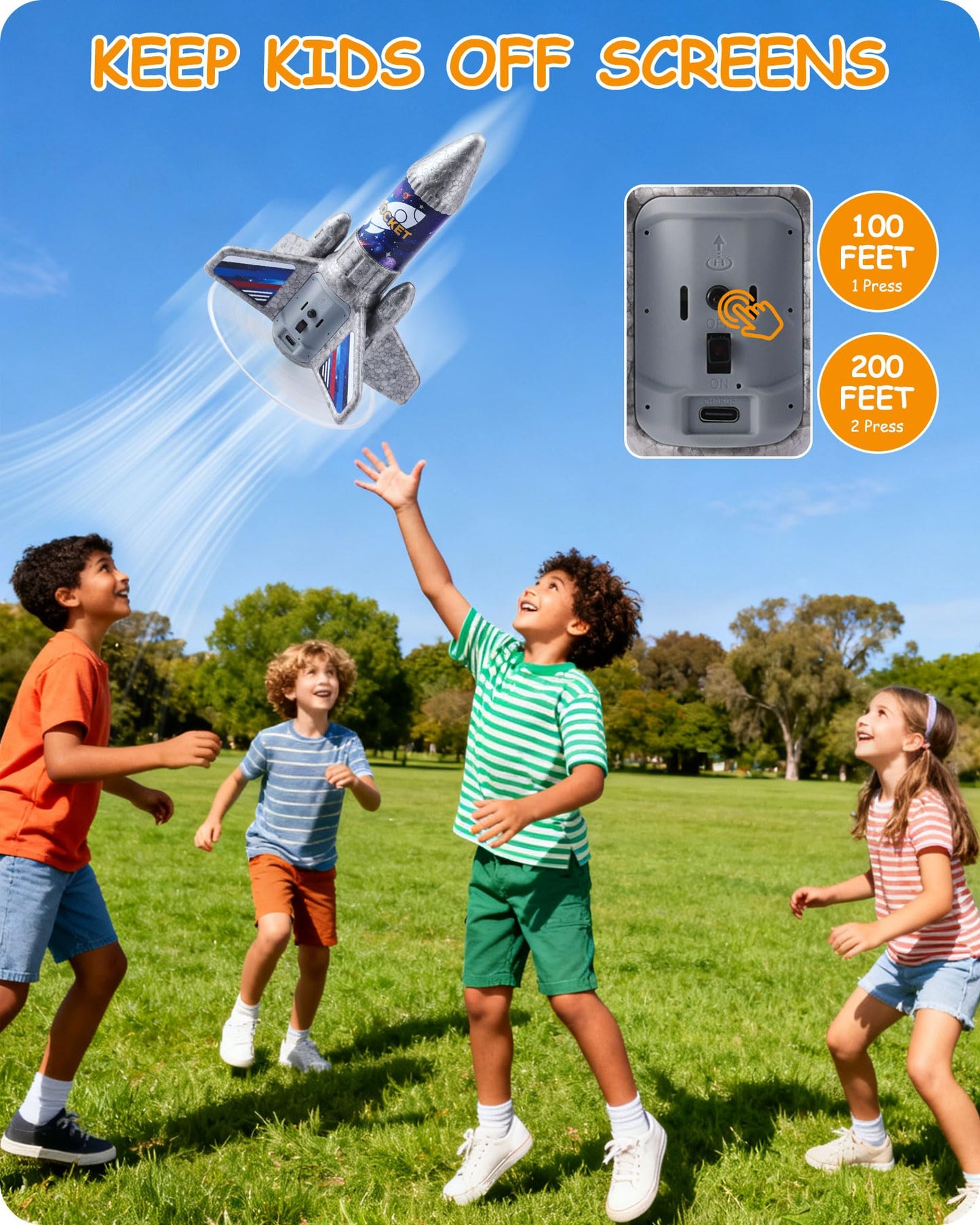 SainSmart Jr. Rocket Launcher for Kids - Upgraded Version, 200 ft Self Launching Motorized Rocket Toy with LED and Safety Parachute, Outdoor Toys for Ages 8-12, Birthday Gift for Kids Boys & Girls