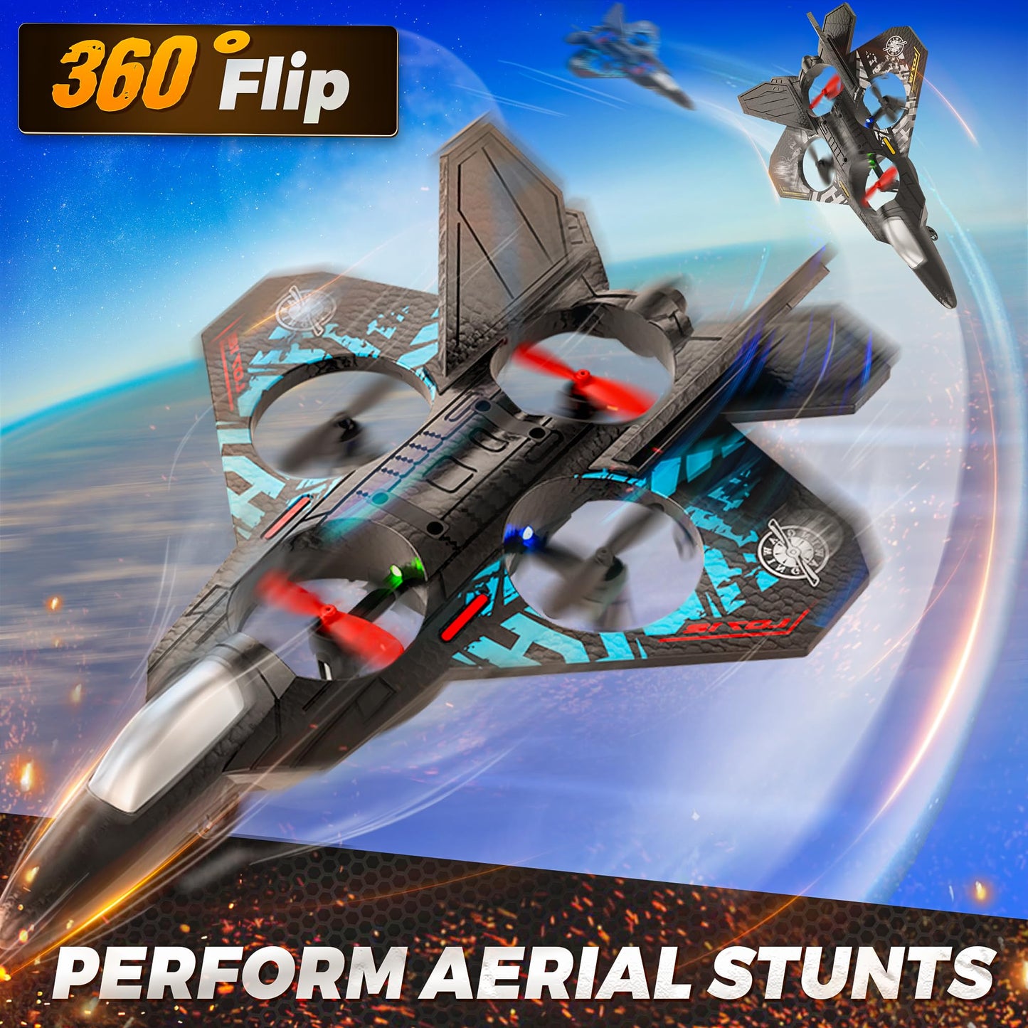 BEZGAR Drones for Kids | 2.4GHZ RC Plane, Remote Control Airplane, RC Helicopter, 360° Flip Fighter Jet Toy with Colorful LED Navigation Light Gray