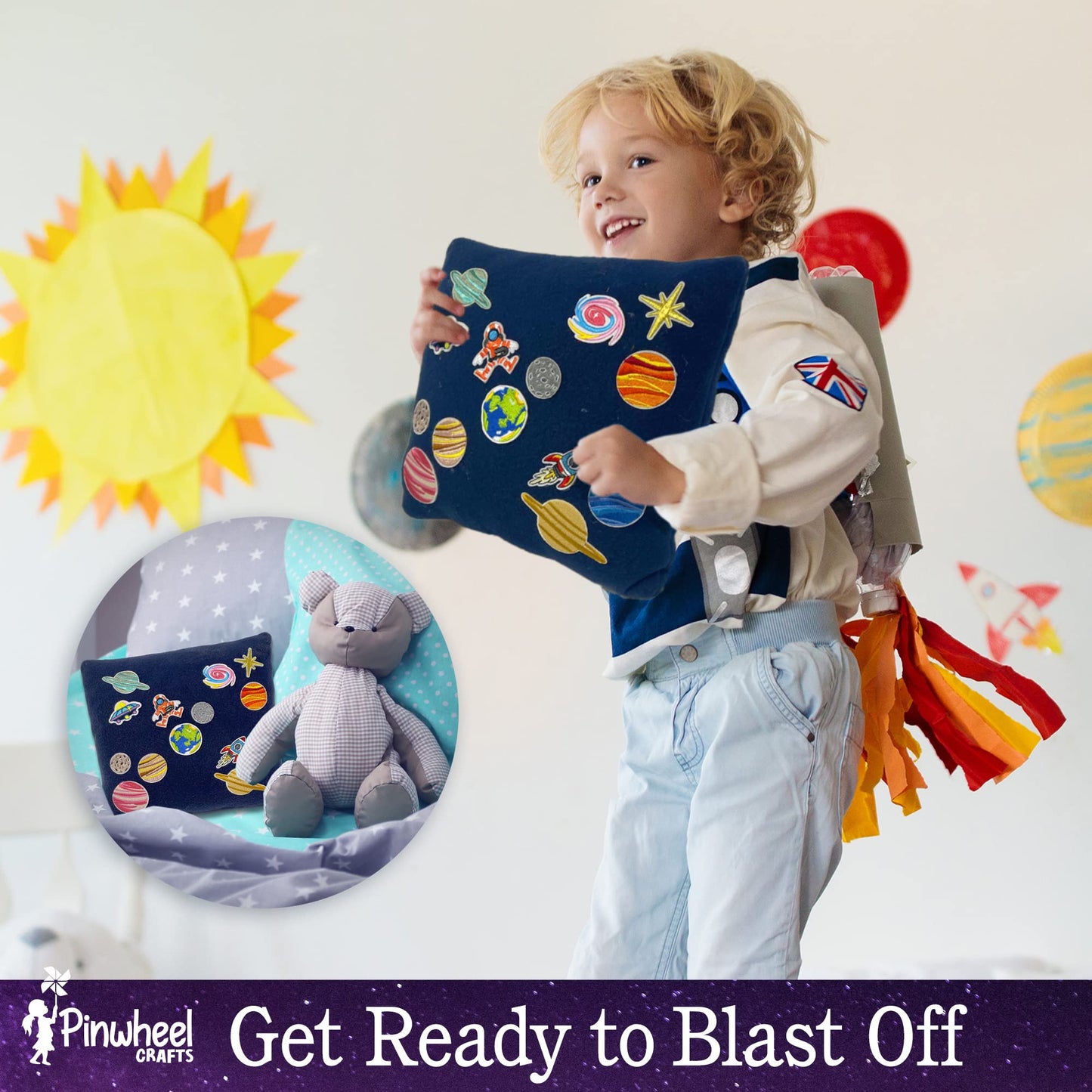 Pinwheel Crafts Beginner Sewing Kit for Kids 8-12 with Telescope - Astronomy Solar System Easy Sew Space Pillow Kit with Planet Patches - Make Your Own Plush Craft