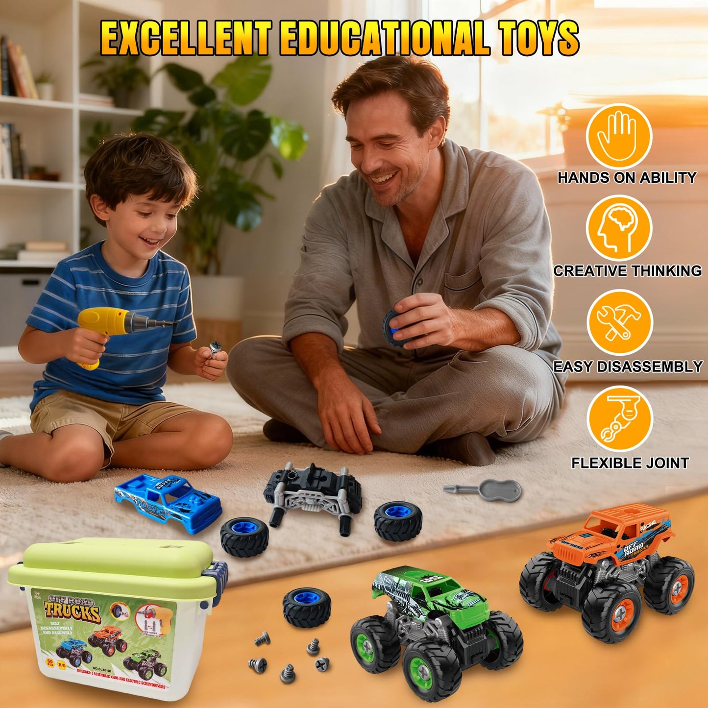 Bugrtarey Take Apart Monster Truck Toys for 3 4 5 6 7 8 Year Old Boys, STEM Educational Building Toys with Electric Drill & Storage Box, Kids Toys Christmas Birthday Gifts for Boys Girls Toddlers