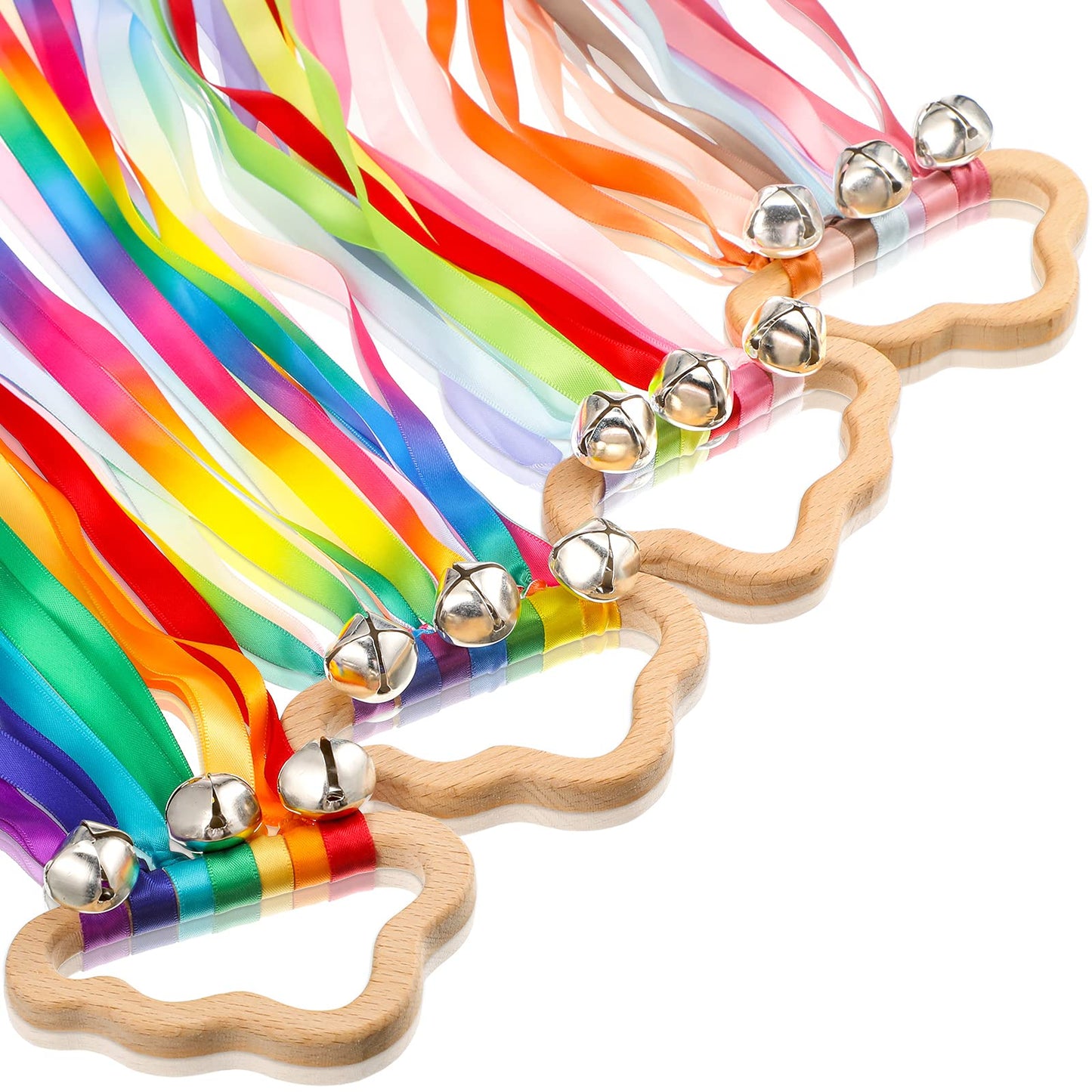Aoriher 4 Pieces Rainbow Hand Ribbon Kite with Bells Wind Wand Dancing Ribbon Streamer Cloud Wood Sensory Toys Wooden Educational Toy for Party Birthday(Bright Colors)
