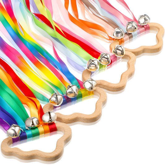 Aoriher 4 Pieces Rainbow Hand Ribbon Kite with Bells Wind Wand Dancing Ribbon Streamer Cloud Wood Sensory Toys Wooden Educational Toy for Party Birthday(Bright Colors)