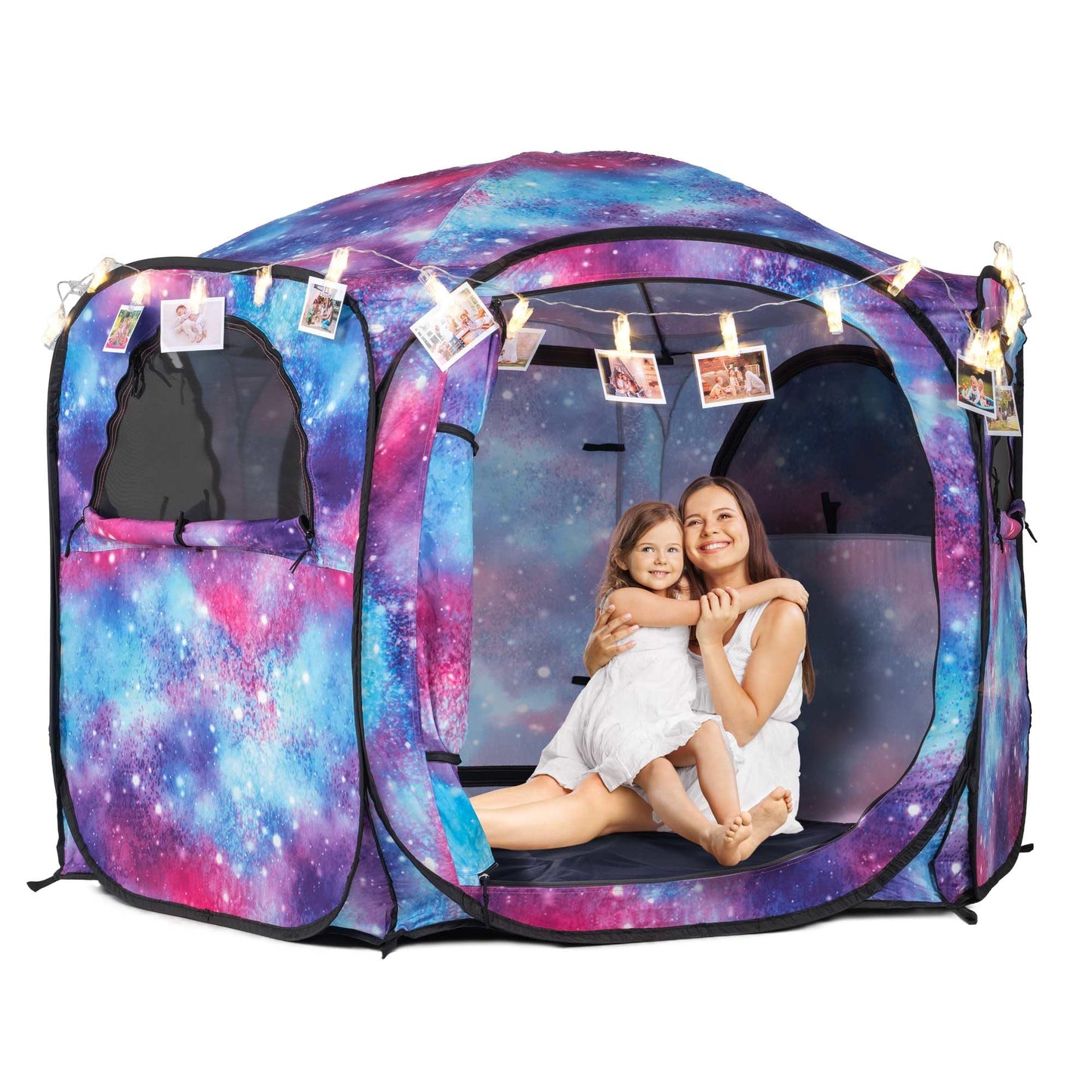 Porayhut Galaxy Pop Up Play Tent for Kids, 67" Hexagonal Privacy Sensory Tent with Removable Thick Mat & LED Photo Clip Lights, Light Blocking Indoor Outdoor Playhouse for Boys & Girls, Space Castle