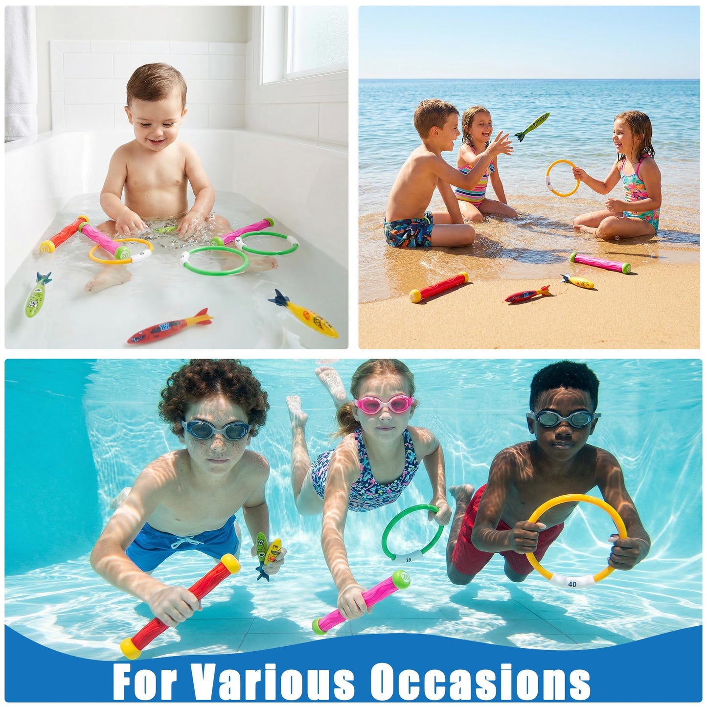 PARENTSWELL 17 Pcs Pool Diving Toys for Kids Adults, Swimming Pool Toy Set Includes 8 Dive Torpedos, 5 Diving Sticks & 4 Diving Rings for Swim Pool Games, Water Fun Games