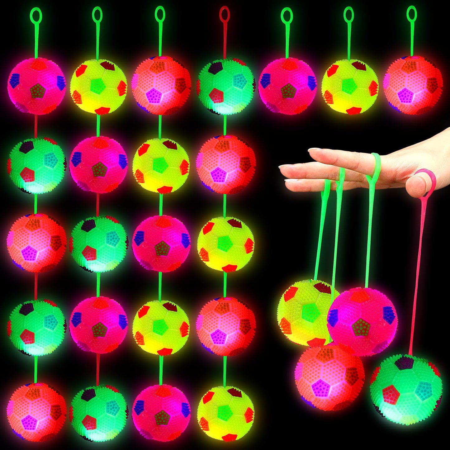 Wettarn 24 Pack Light up Spiky Balls for Kids 2.6" LED Glow Bouncy Balls Bulk, Flashing Sensory Fidget Stress Ball Party Favors for Classroom Prizes Goodie Bag Stuffers Birthday Gifts(Soccer)