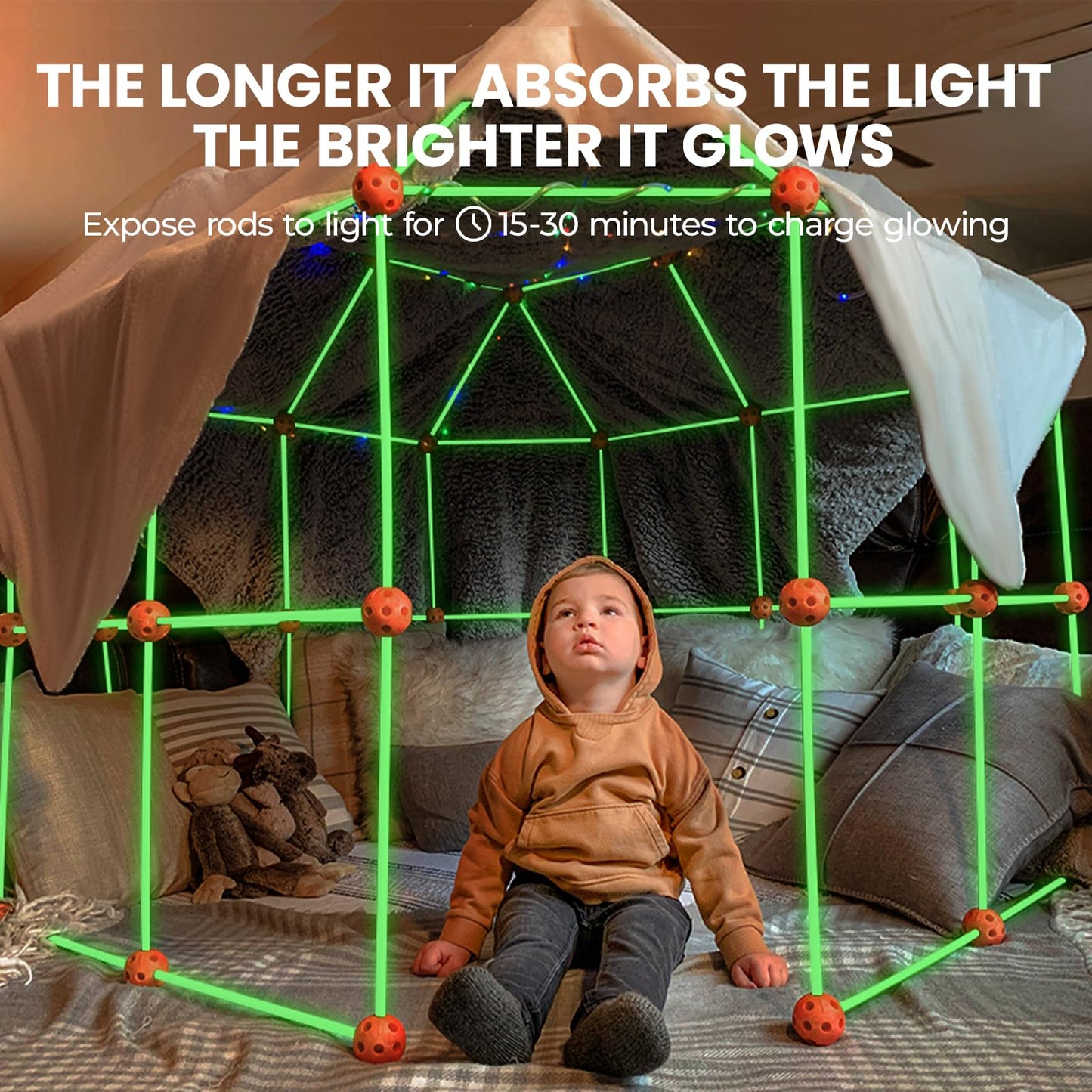 Tiny Land Glow Fort Building Kit for Kids Creative Fort Indoor & Outdoor Construction Toys with 86 Rods and 44 Balls for 5-12 Year Old Boys & Girls STEM Building Toy Gifts with Storage Bag