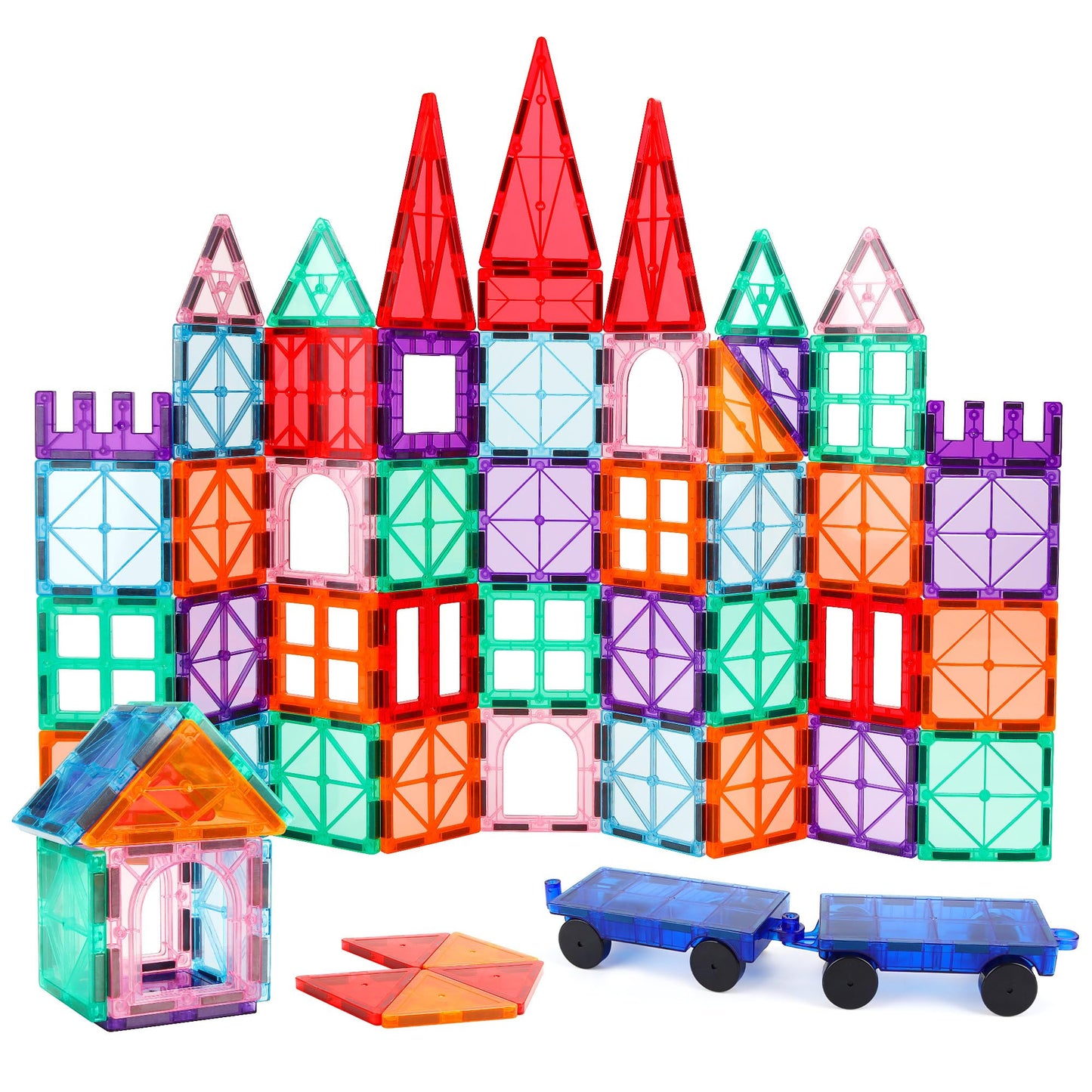 CHIZEKOO Magnetic Tiles with 2 Cars, 100 Pcs Magnetic Building Blocks Set, Preschool Children Educational Construction Toys, Magnetic Blocks for Kids Ages 3–12 Birthday for Boys and Girls