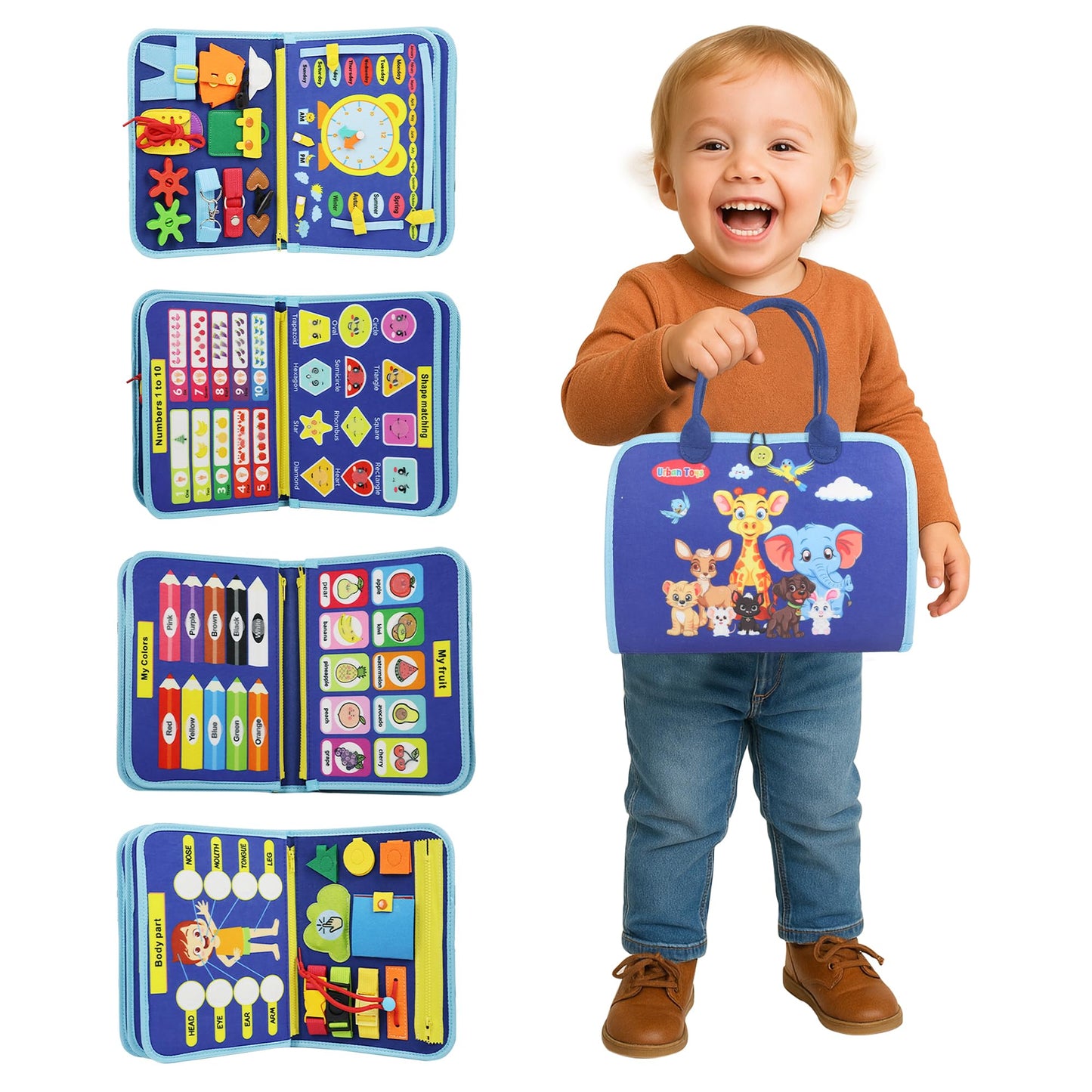 URBAN TOYS Montessori Busy Board - Ideal Busy Book Toddler Toys & Gifts for Boys & Girls, Toddler Travel Essential for Airplane & Car, Sensory Toys, Great for Baby Gifts for Boys