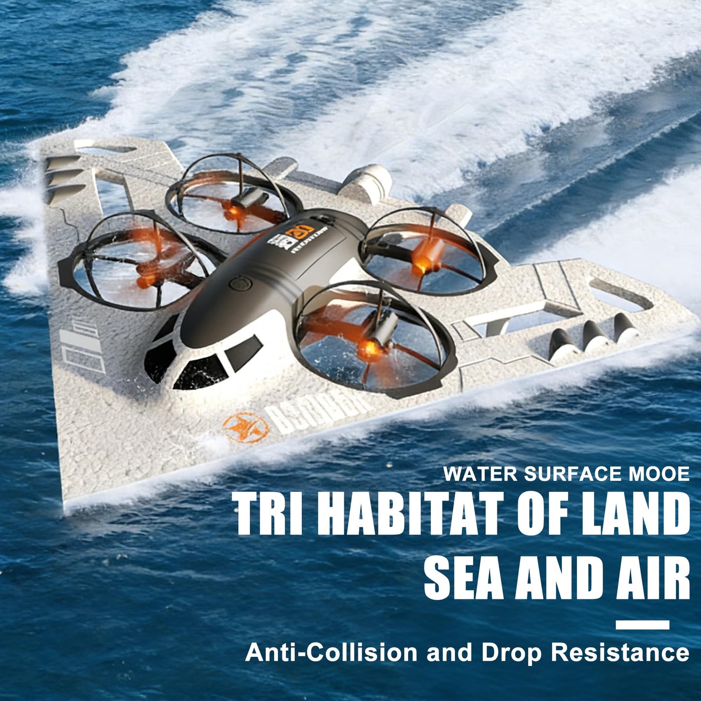 Virellia 3-in-1 RC Drone for Land Sea Air, H20 Remote Control Bomber RC Airplane with Cool Lights, 360° Flip, 3 Driving Mode and Collision Protection, Foam RC Drone Toy Gift for Boy Girl, Silver