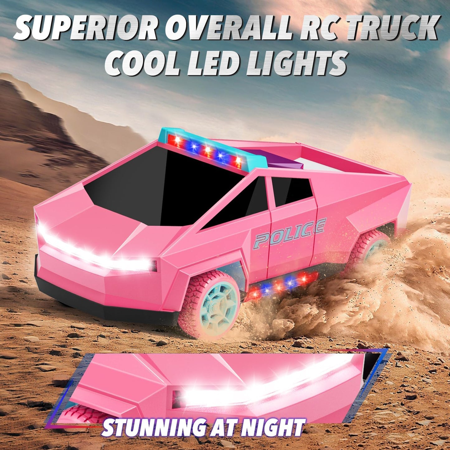 MACALOCA Cool Remote Control Car Toys for Girls, 1:20 Pink Police RC Truck with Flashing LED Lights and Loadspace, 2.4 GHz Rechargeable Racing RC Cars Vehicle Toys, Summer for Kids 3 5 7 10