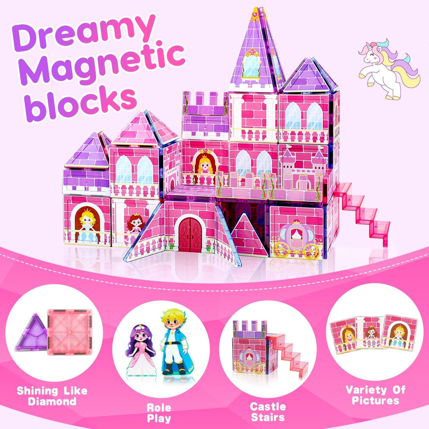 Tsomtto Magnetic Tiles for Girls - Princess Magnetic Blocks Building Toys for Kids Ages 3-5 4-8 Toddler STEM Educational Learning Sensory Toys for 3 4 5 6 7 8 9+ Year Old Boys Girls Birthday Gifts