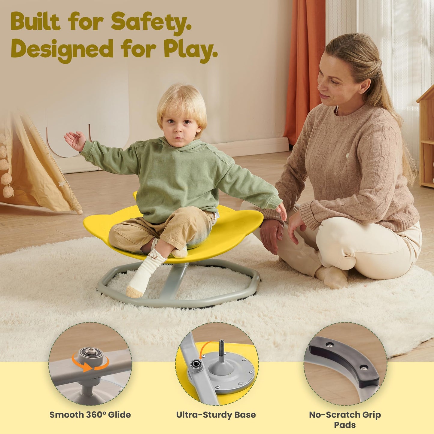 Almast Kids Spinning Chair for Autistic Kids – (Yellow) UFO Shape Sensory Spinning Chair | Indoor Autism Toy | Ages 3+ | 220 lbs Capacity