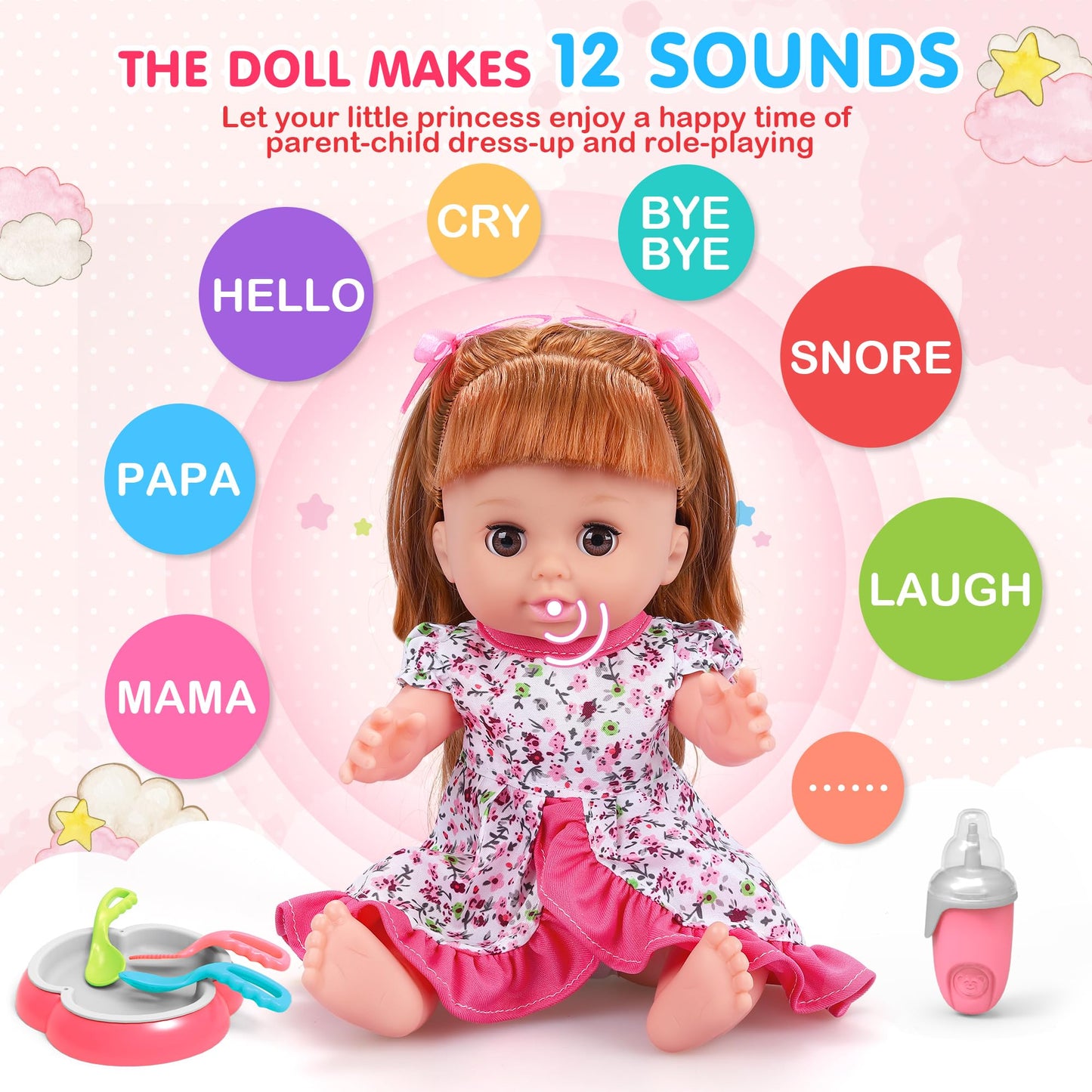 Baby Doll Toys Set, 14" Doll Toys, 25Pcs Dolls Care Toy Playset, Toddlers Toy Dolls Set Incl Cradle Crib, High Chair, Milk Bottle, Pacifier, Diaper, Baby Gift for Age 3 4 5 6+ Years Old Girls Boys