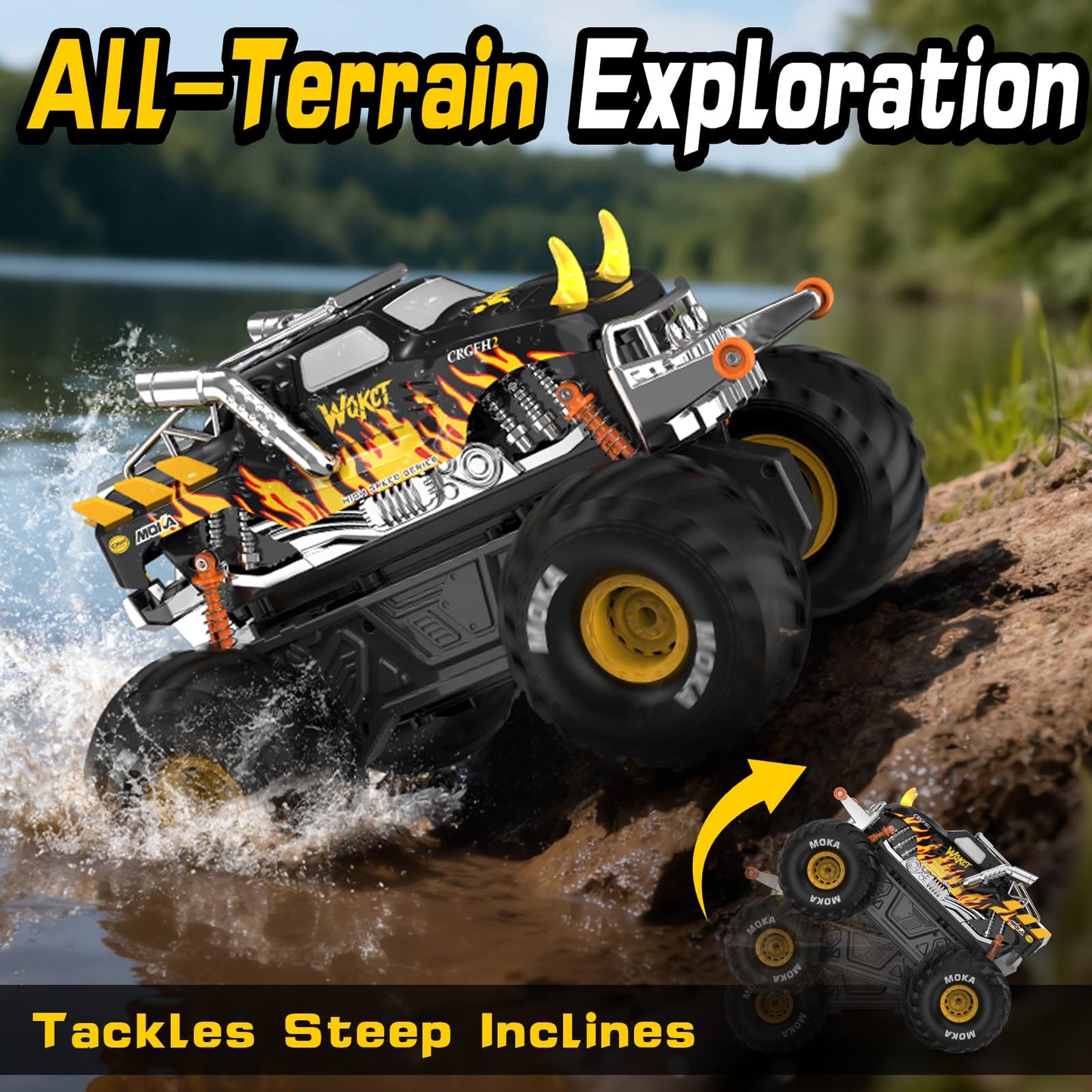 Amphibious 1:16 Waterproof Monster Truck Toys RC Car Water Blaster Trucks 60+ Min Runtime with 2 Batteries 360 Spin 4WD All Terrain Off-Road Pickup rc car Toy 5-12 Year Old Kids Gifts Children's Day