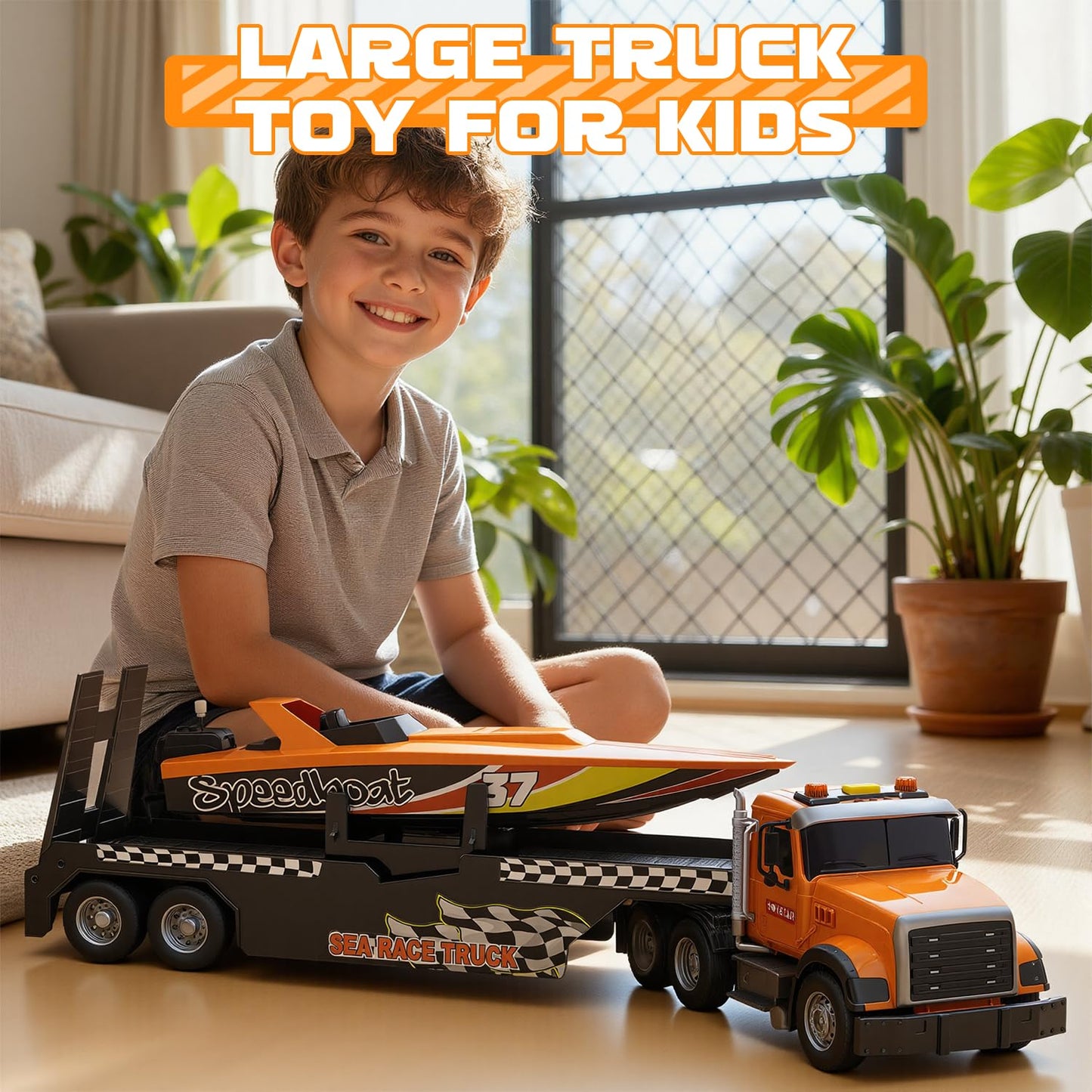 Kids Toys for 3 4 5 6 Years,21" Semi Transport Truck Toy with Speedboat Vehicle Cars, Friction Powered Extra Large Truck Vehicle with Lights & Sounds for Boys Girls Toddlers Christmas Birthday Gifts