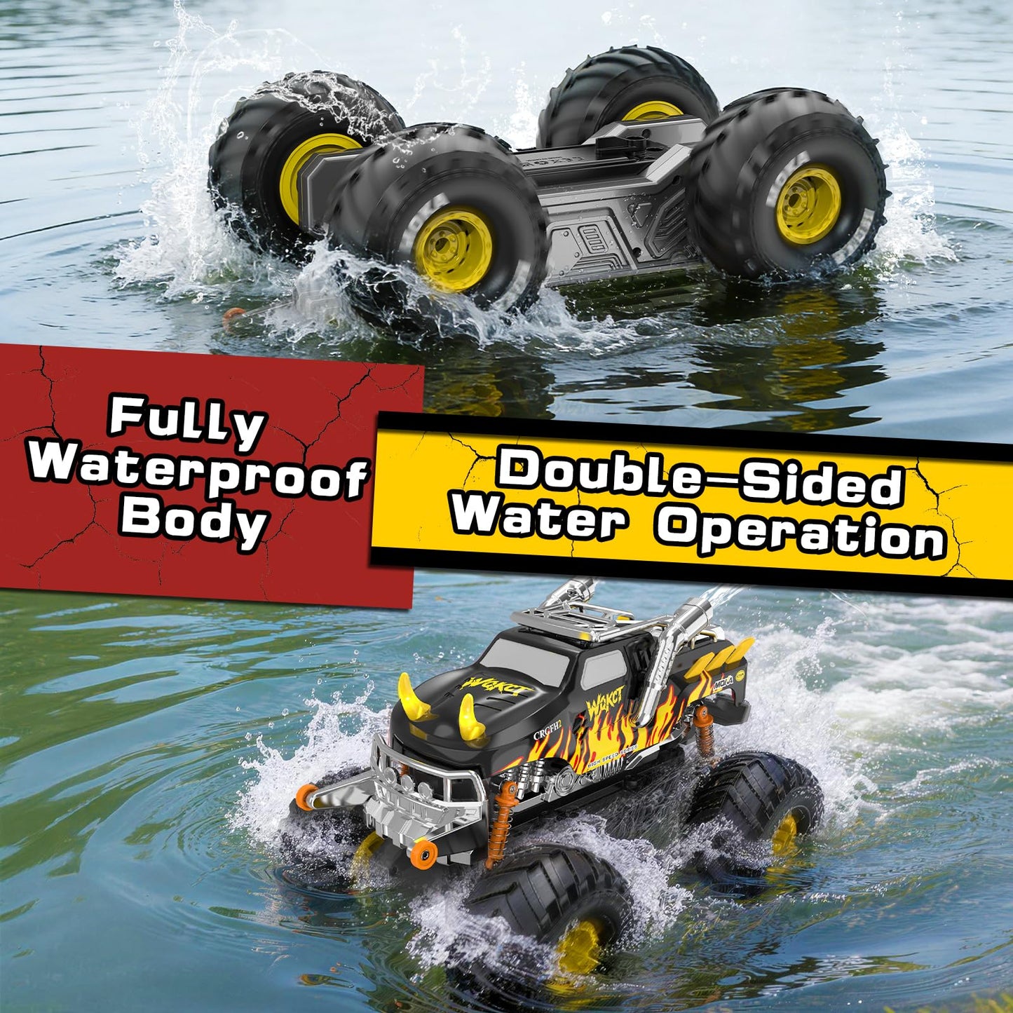 Amphibious 1:16 Waterproof Monster Truck Toys RC Car Water Blaster Trucks 60+ Min Runtime with 2 Batteries 360 Spin 4WD All Terrain Off-Road Pickup rc car Toy 5-12 Year Old Kids Gifts Children's Day