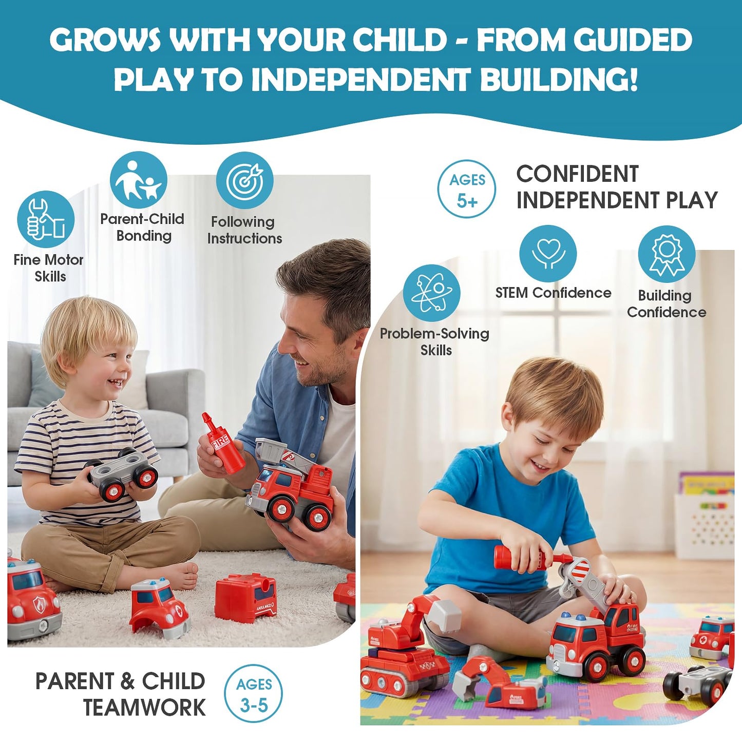 Baobrava 3 4 5 6 Year Old Boy Birthday Gift, 5-in-1 Take Apart Fire Truck Toys, Transformers Robot Toys for Boys 3-8, STEM Montessori Drill Screw Set, Creative Educational Construction Gifts