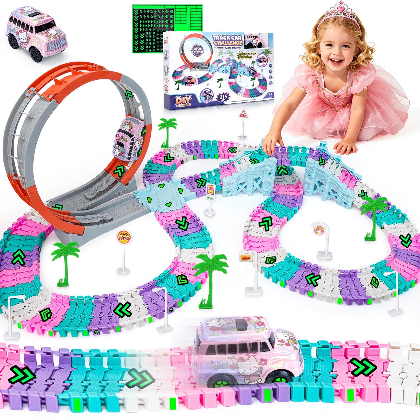 215 PCS Unicorn Race Tracks for Kids Toys, Glow in The Dark Magic Toy Set with 360° Loop Ramp, 1 Unicorn Car Track, Flexible DIY Track Set, Birthday Gift for 3-9 Year Old Boys Girls Toddlers