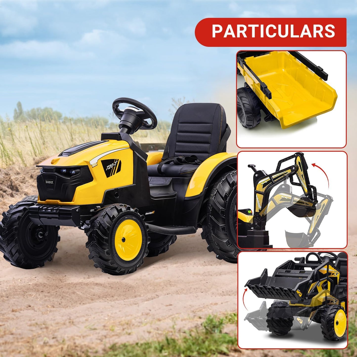 Garvee 4-in-1 Ride on Tractor, 24v Ride on Toys for Big Kids, Remote Control Excavator with Trailer, Shovel Bucket, Digger, Remote Control, EVA Tires, LED Light, Music, USB, Yellow