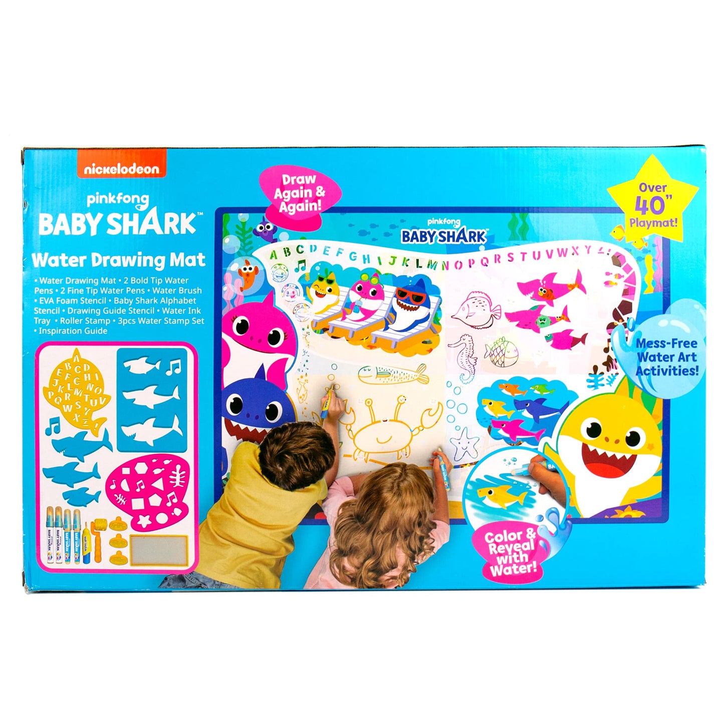Baby Shark Water Drawing Mat by Horizon Group USA, Includes Reusable 40-Inch Water Drawing Mat, Refillable Water Brush & Pens, Stencils, Mess-Free Water Art for Toddlers, Age 3+