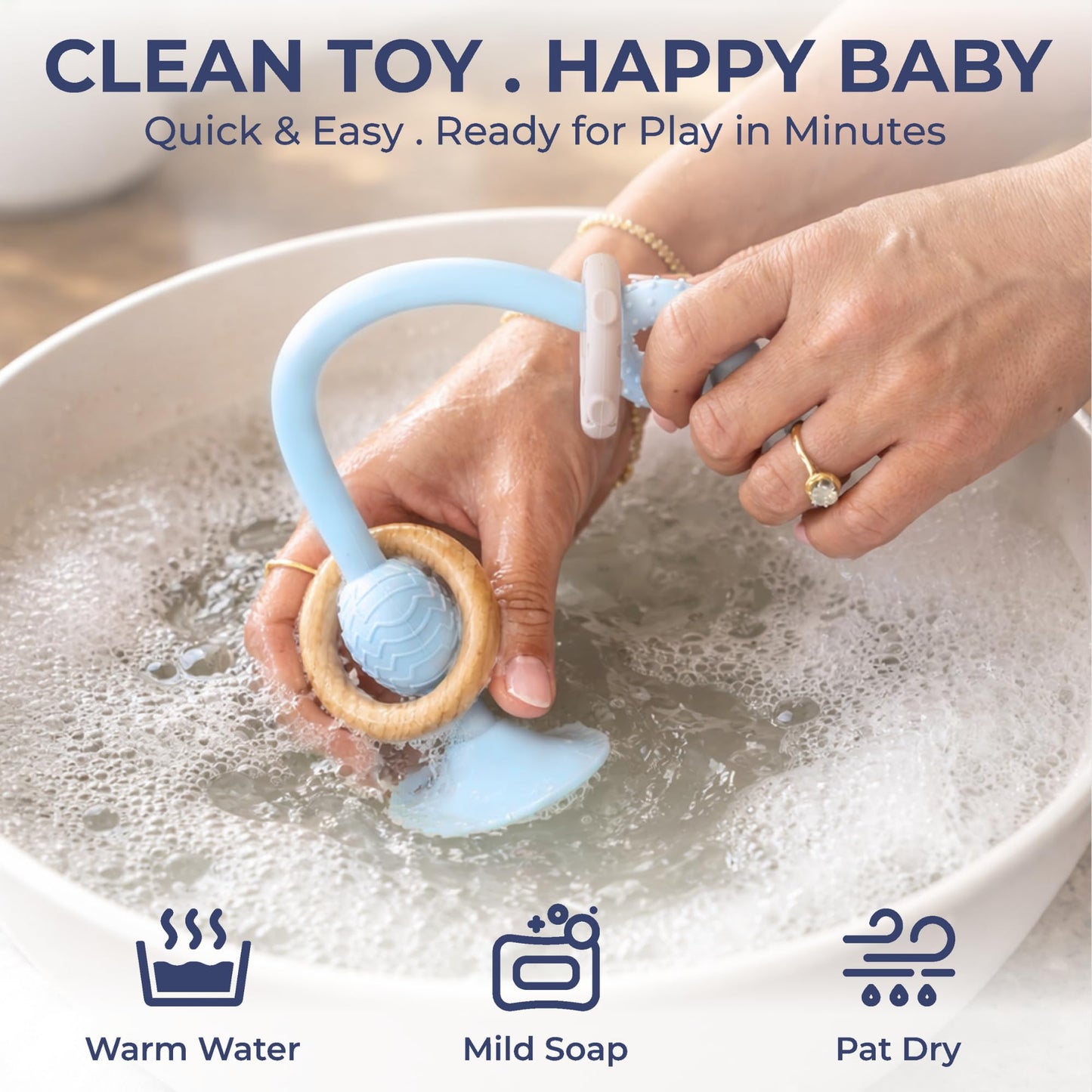 High Chair Suction Toy for High Chair Trays, Baby Suction Cup Toy with Large Suction Base, Food Grade Silicone and Wooden Rings, Sensory Toy 6-12 Months