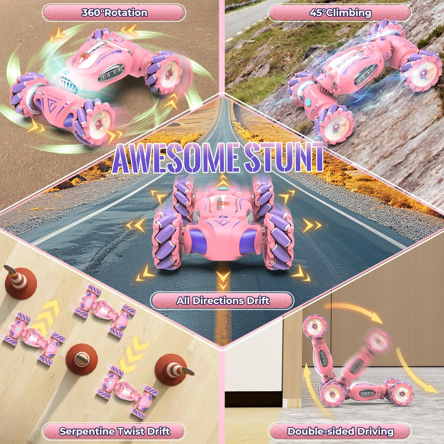 Fosgoit Pink Remote Control Car Toys Gifts for Girls 6-12, with Light & Music & Spray, 2.4Ghz 4WD Double-Sided 360° Rotating Gesture Sensing RC Stunt Car, Birthday for Girls Kids