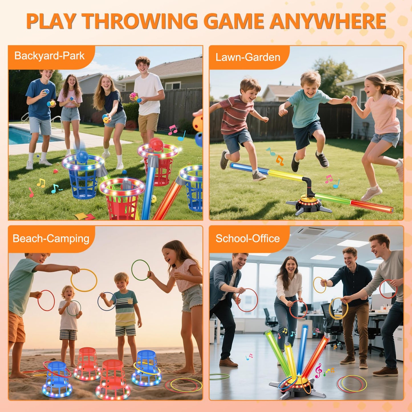 TERRAMUS 3 in 1 Bean Bag Ring Toss Game for Kids, Rechargeable Musical Jumping Games w/LED Light & Remote, Electric Spinning Base, Sandbags, Rings, Carnival Indoor Outdoor Sport Toy for 3+ Boys Girls
