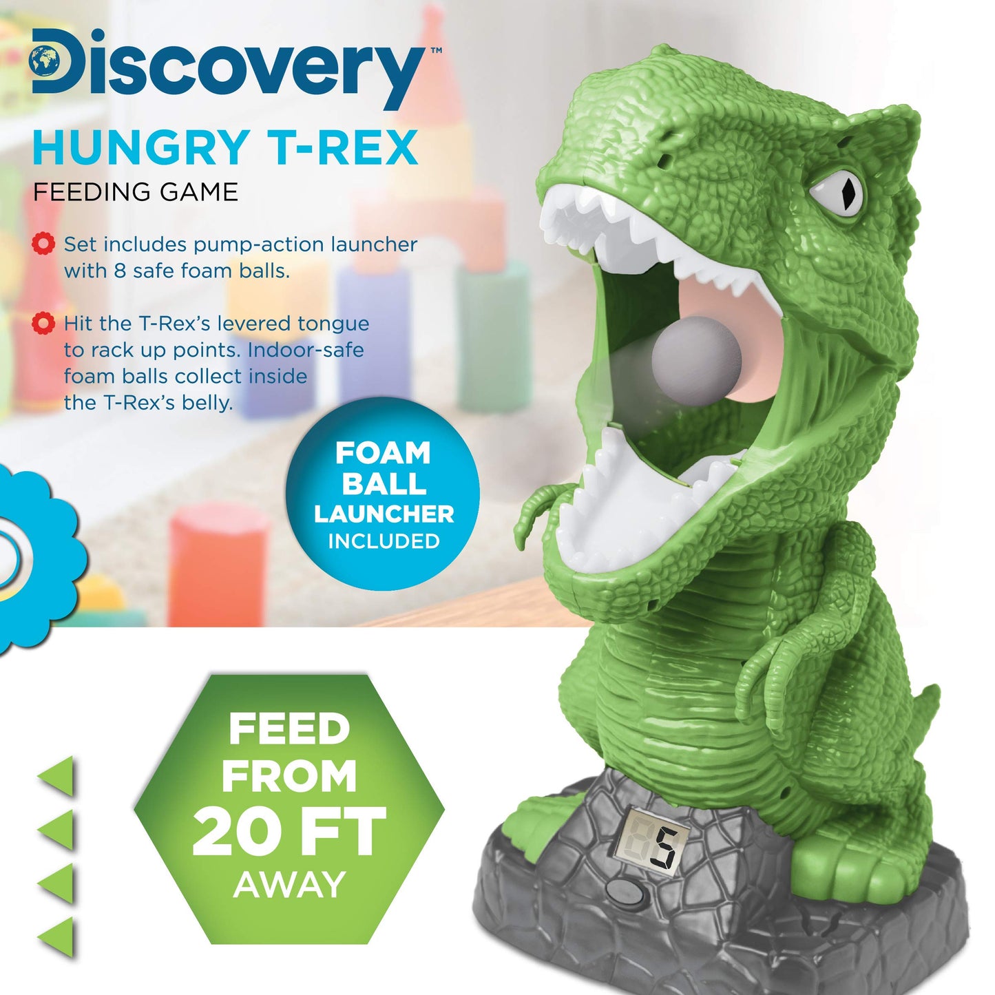 Discovery Hungry T-Rex Feeding Game, Carnival Style Shooting Target Competition for Kids, 8 Indoor Safe Foam Balls with Air Launcher, Electronic LCD Screen with Lever Tongue, Great for Ages 6 & Up