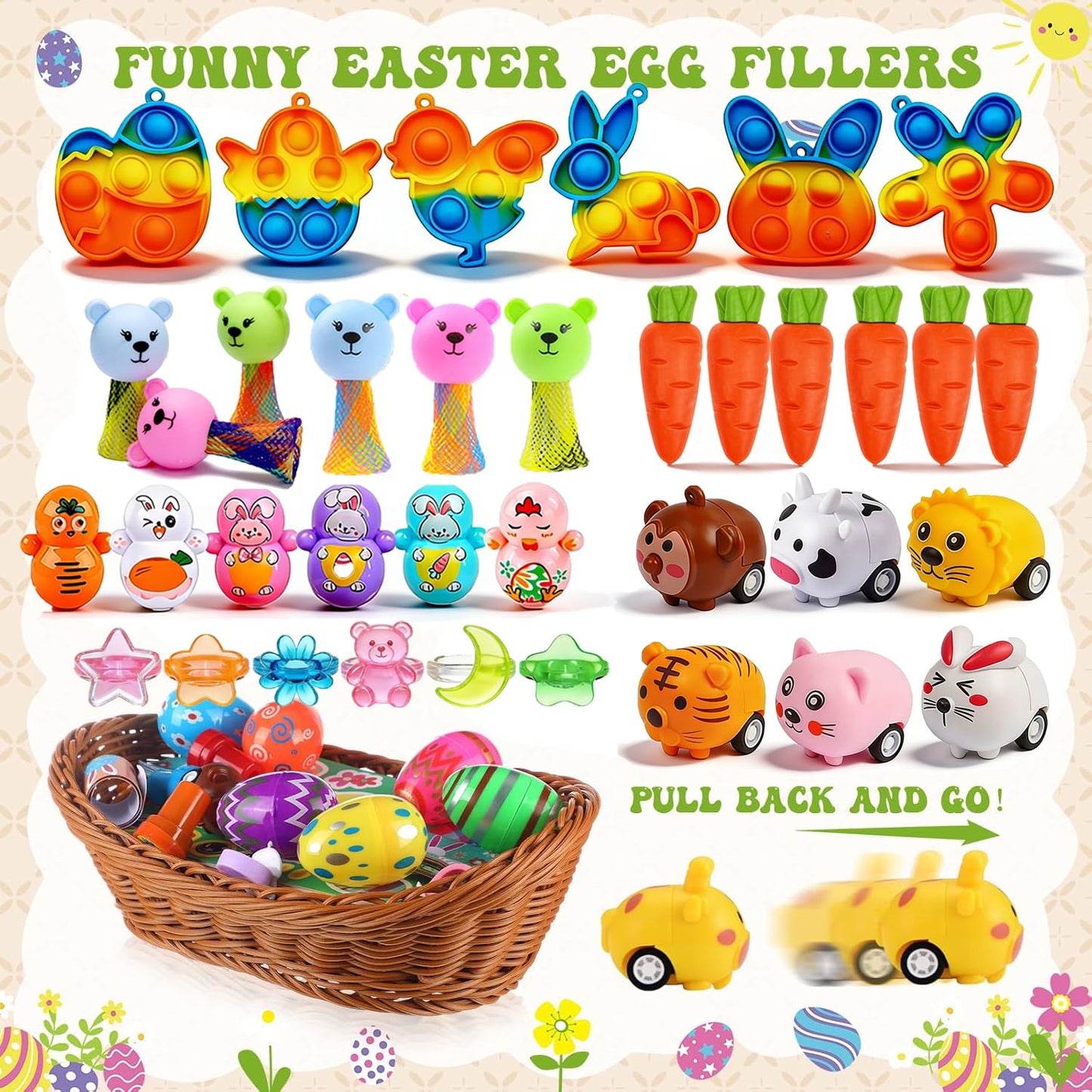 132 Pcs Easter Egg Fillers,Easter Party Favors for Kids Boys Girls,Plastic Easter Basket Stuffers,Bulk Small Toys for Easter Eggs Hunt Gift Goodie Bags Stuffers Classroom Prizes Party Filling Treats